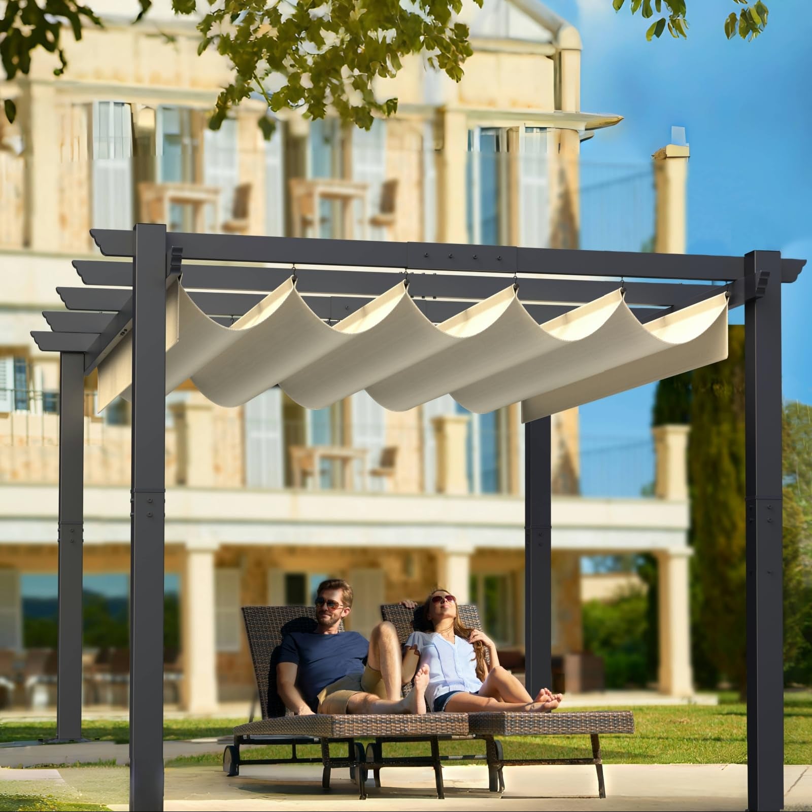 GARVEE 10x13ft Aluminum Pergola with Retractable UV Canopy - Upgraded Oxford Fabric & Durable Metal Frame for Backyard, Garden, Deck, Patio (Grey) | Perfect for Outdoor Relaxation, Dining, and Shade Protection