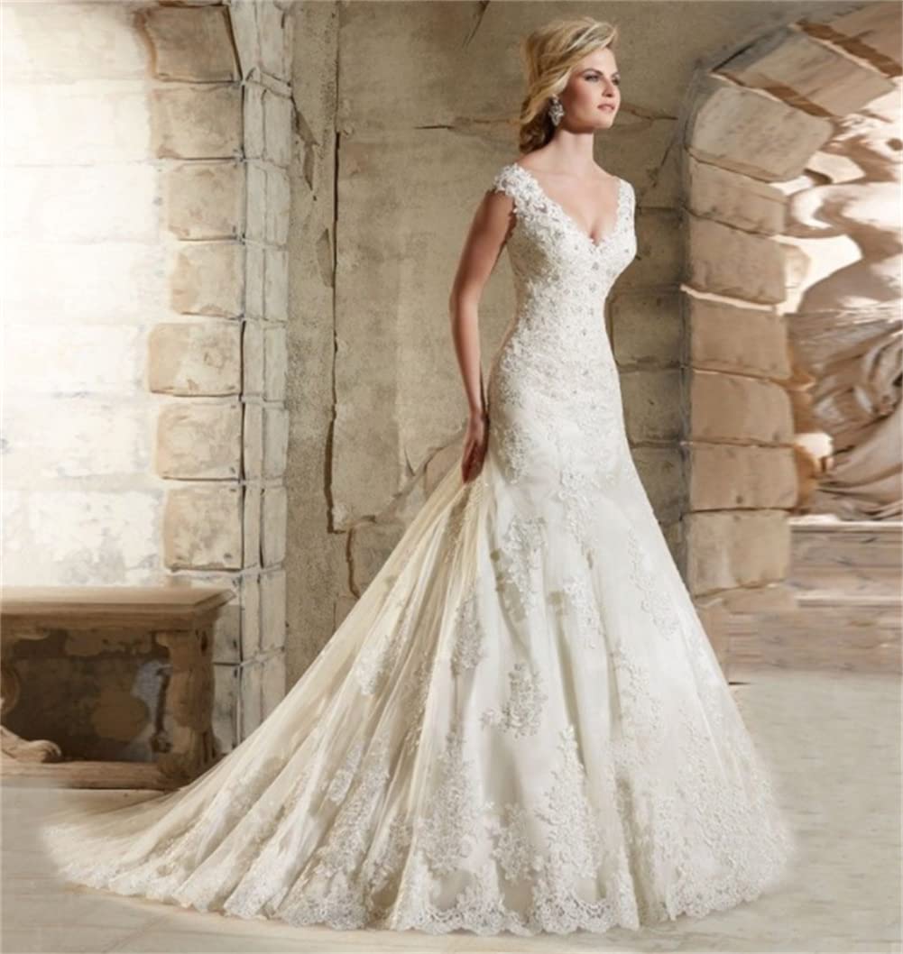 Elegant V-Neck Lace Wedding Dress for Bride - White A-Line Church & Garden Wedding Gown Size 14W | Perfect for Outdoor Ceremonies, Formal Receptions & Photoshoots