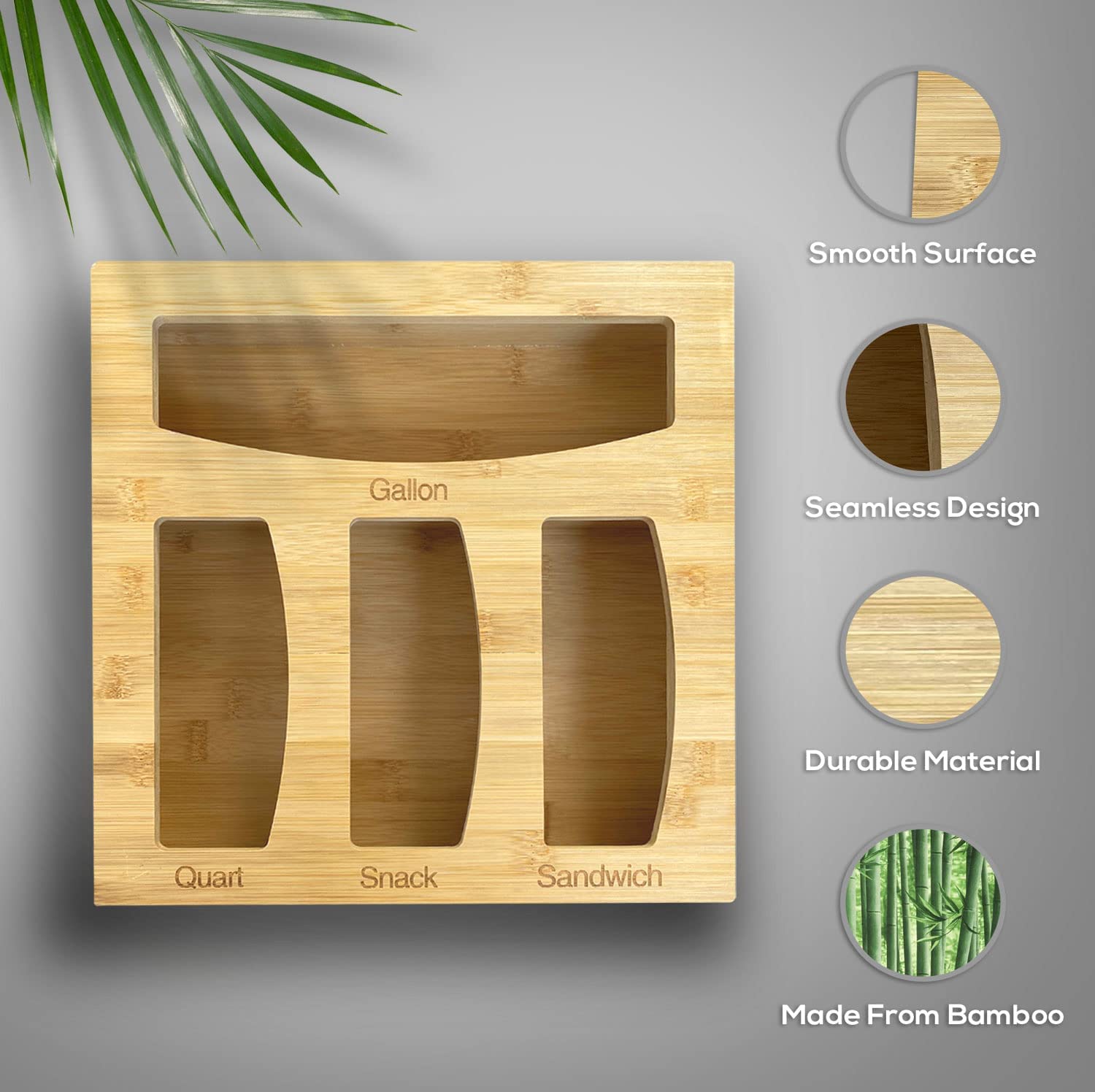 Bamboo Kitchen Drawer Organizer for Food Storage Bags - 4-Slot Holder for Gallon, Quart, Sandwich & Snack Bags (Fits Solimo, Glad, Hefty) - Perfect for Pantry Organization & Easy Bag Access