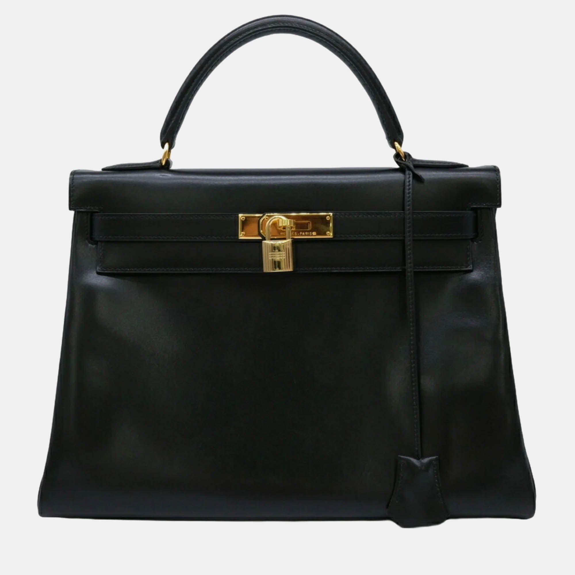 Luxury Black Box Calf Leather Kelly 32 Handbag for Women | Designer Shoulder Bag | Perfect for Work, Parties & Special Occasions