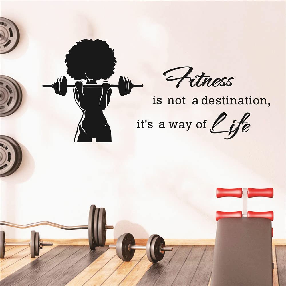 Black Africa Women Fitness Gym Wall Decal - Inspirational Vinyl Wall Sticker with 'Fitness is a Way of Life' Quote - Sports Exercise Motivational Wall Art for Home & Gym Decor - Perfect for Yoga Studios & Workout Rooms
