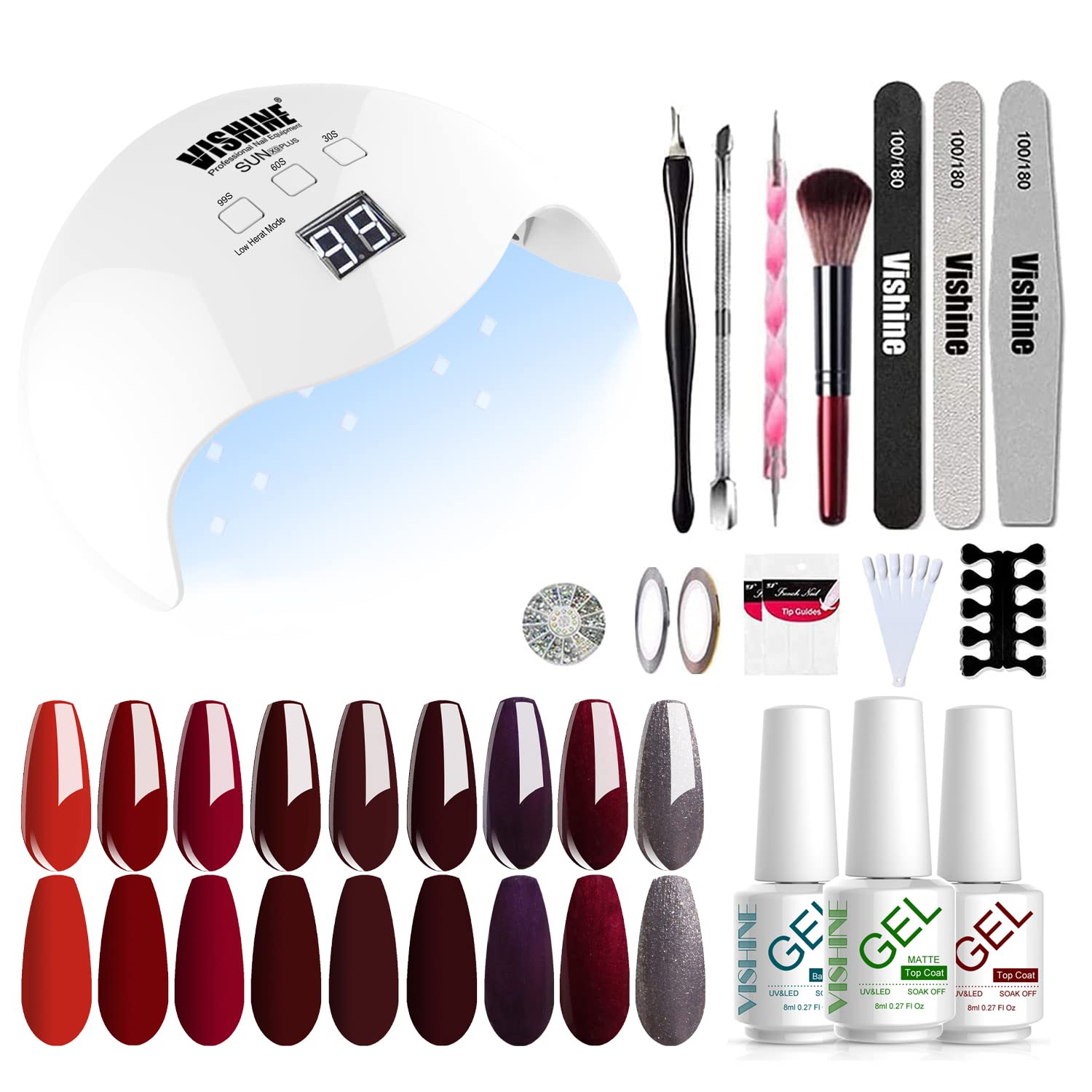 Vishine 40W UV LED Nail Lamp with 9 Gel Polish Set - Semi-Permanent Soak Off Base & Top Coat, Matte Top Coat, Nail Art Brush & Rhinestone Decor Tools - Professional Manicure Kit for Home & Salon Use #06