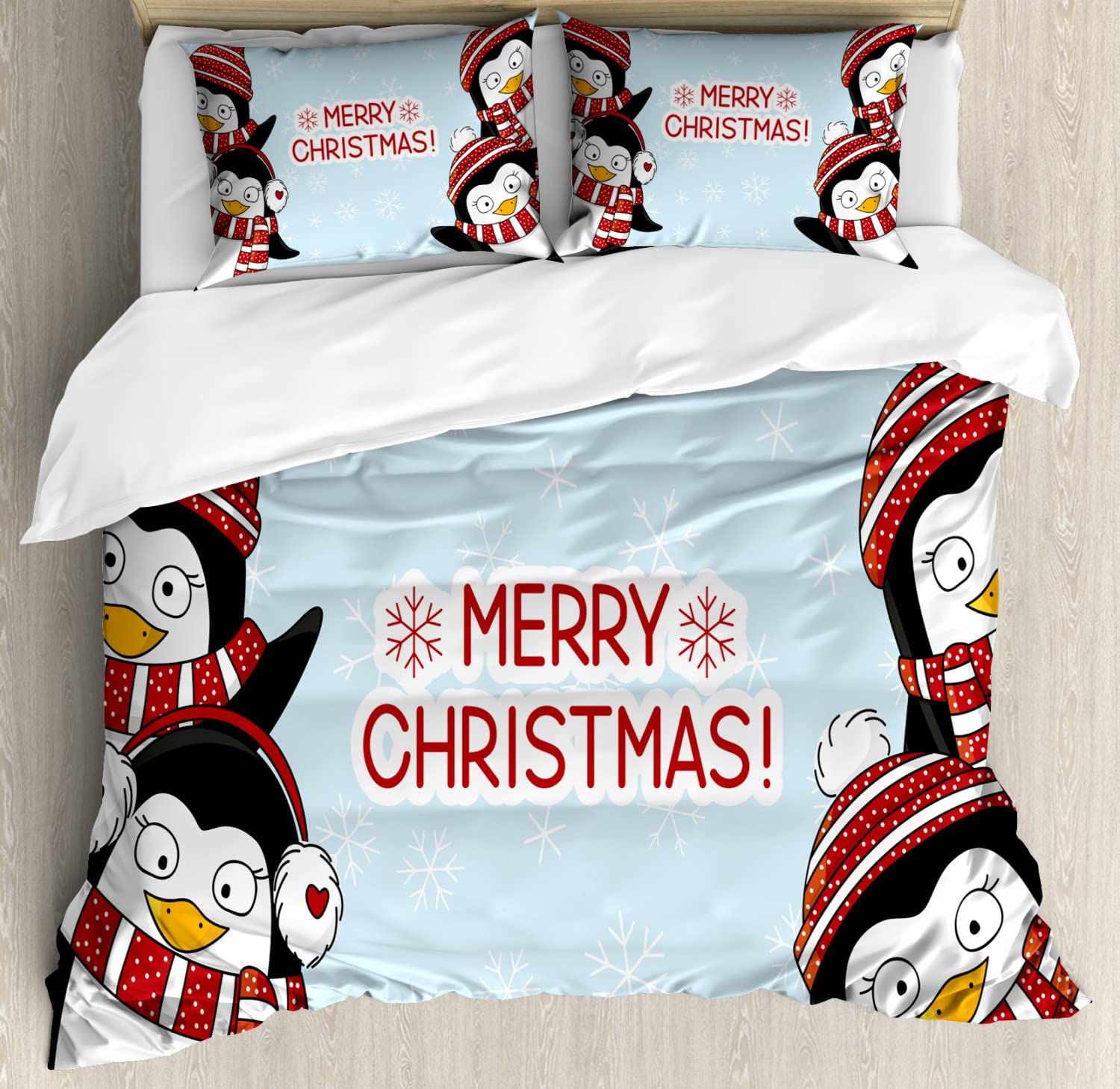 Ambesonne Christmas Duvet Cover Set - Festive Penguins with Hats & Scarf Snowflake Design, 2-Piece King Size Bedding Set with 4 Pillowcases (Blue & Red) - Perfect for Holiday Decor & Winter Bedroom Makeover