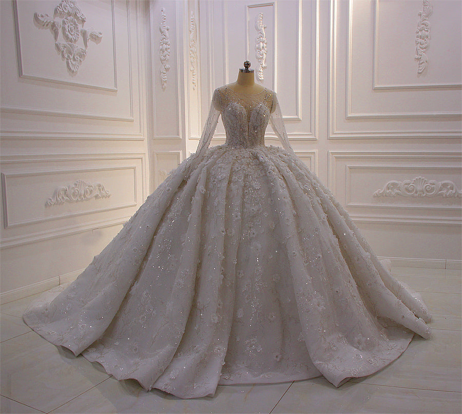 Sparkling Crystal Bling Sleeve Wedding Dress AM310 – Elegant Long Sleeve Bridal Gown for Church, Ballroom & Formal Occasions