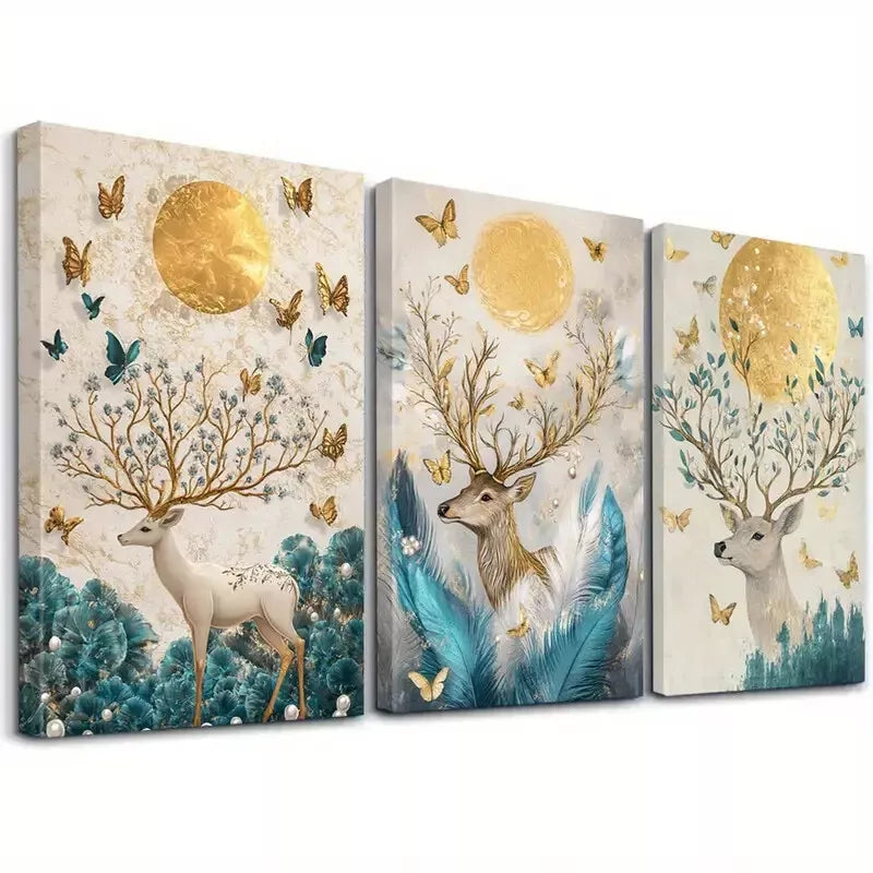 3-Piece Deer and Golden Classic Retro Minimalist Wall Art Set - Framed Canvas 50x70cm (20x28in) - High Quality Print - 100% Australian Made - Ready to Hang - Perfect for Living Room, Bedroom & Office Decor