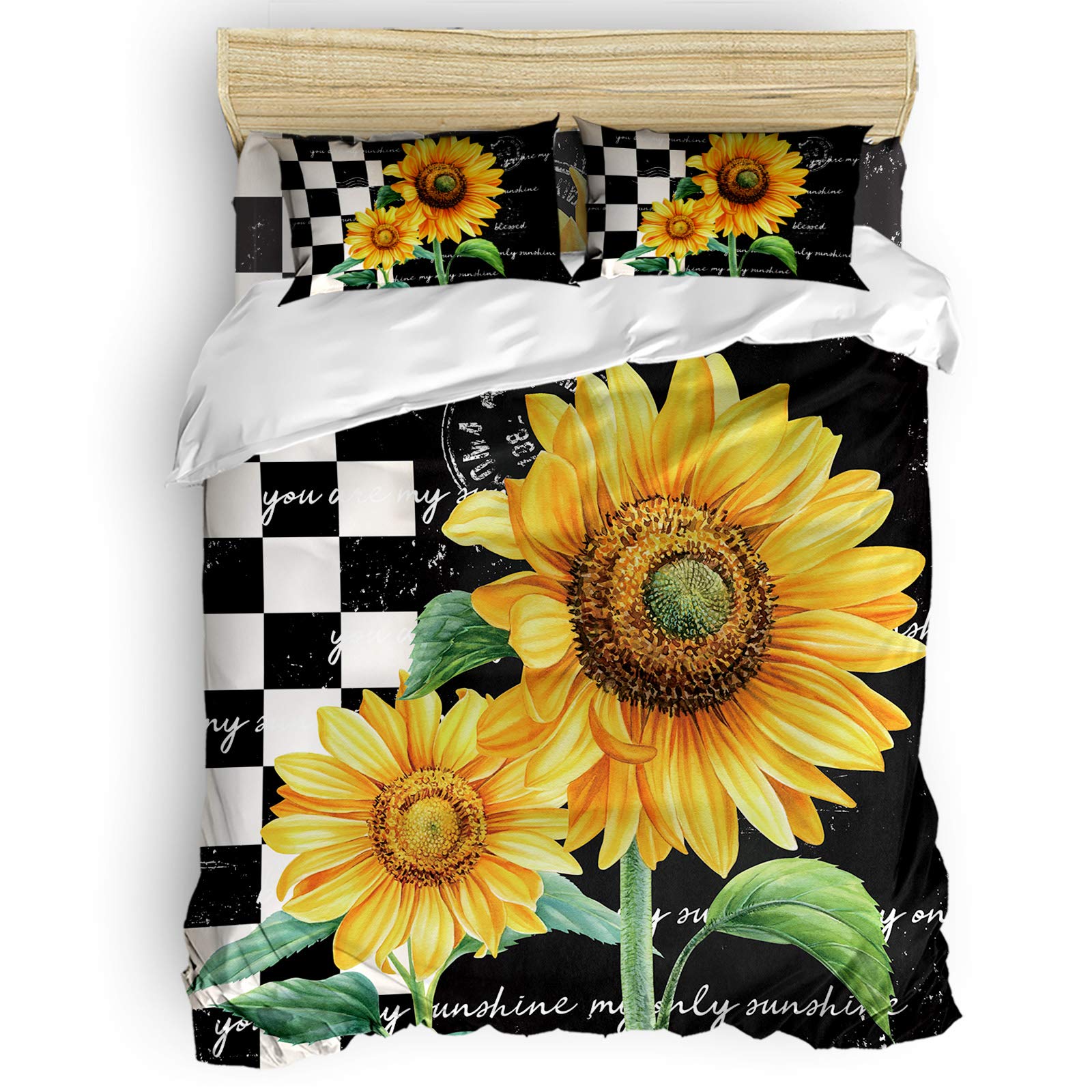 4 Piece Twin Size Quilted Comforter Set - Sunflower Farmhouse Bedding for Kids (Girls & Boys) - Includes Comforter Cover, Top Sheet & Pillowcases - Black Checkered Yellow Floral Design - Perfect for Bedroom, Guest Room & Hotel Use