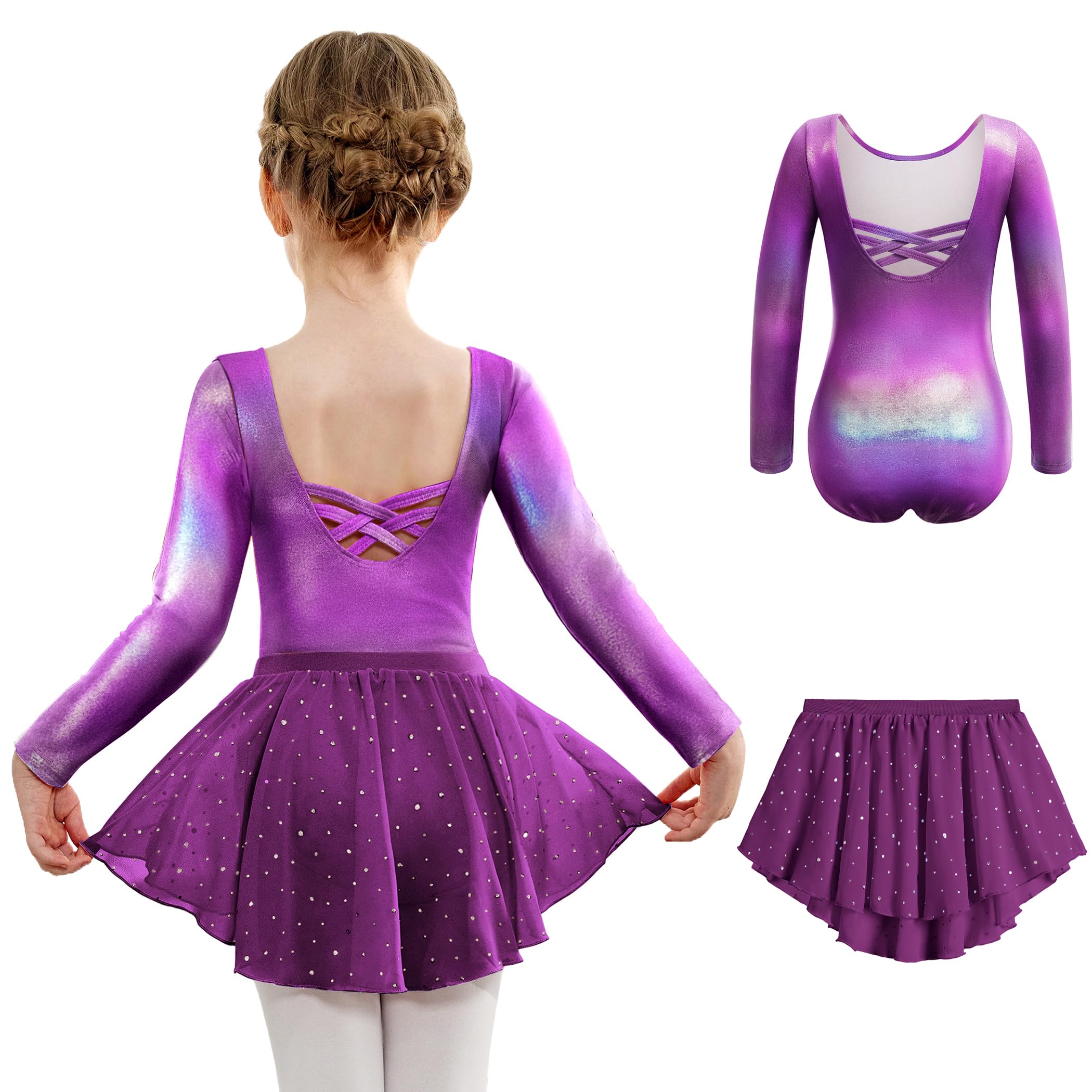 Arshiner Girls Ballet Leotard with Chiffon Skirt - Long Sleeve Crisscross Back Toddler Dance Outfit Set for Ballet Class & Performance