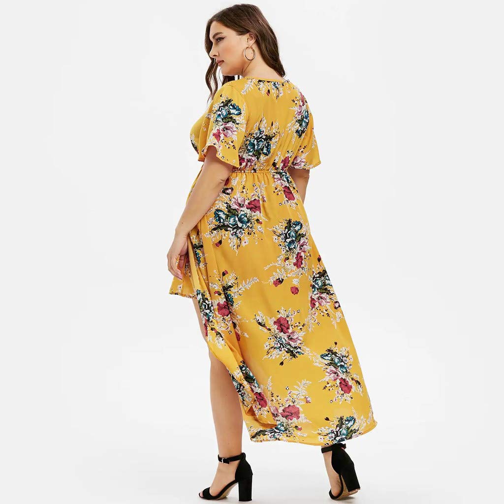 Plus Size Floral Short Sleeve Maxi Romper Dress - Women's Asymmetrical High-Low Party Dress with Side Slit | Perfect for Summer Weddings, Beach Vacations & Cocktail Parties
