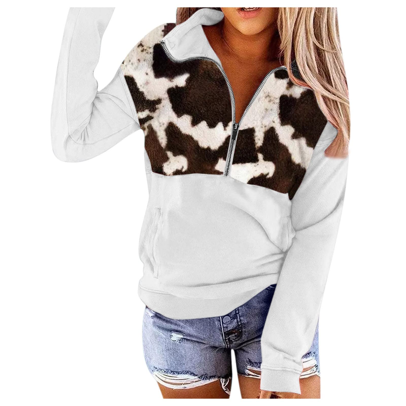 Women's Fall Sweatshirt with Cow Pocket, Long Sleeve Zipper Collar Pullover Shirt - Casual Fashion Tops for Autumn Outfits, Workwear & Weekend Comfort