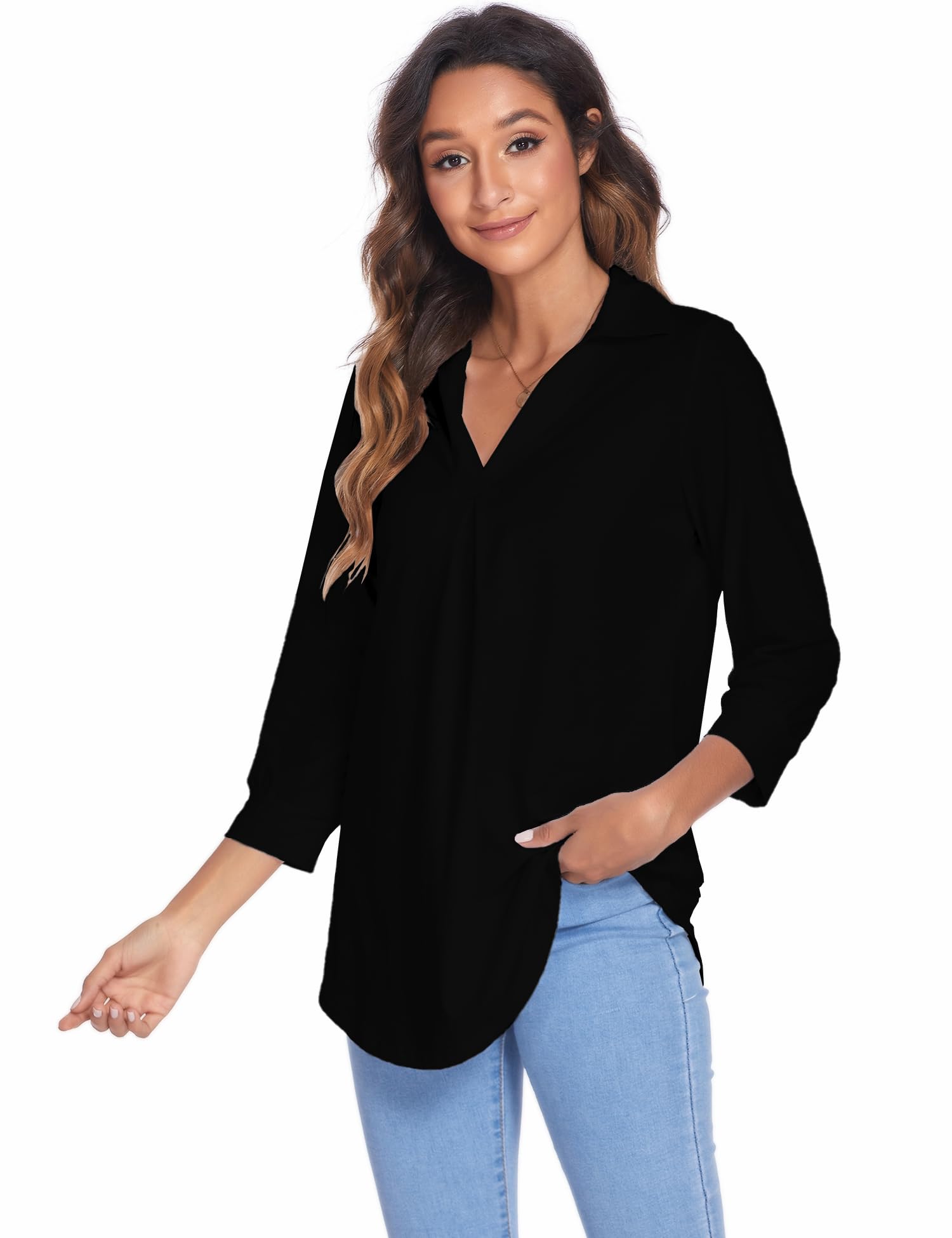 Newchoice Women's Collared V-Neck 3/4 Sleeve Blouse - Business Casual Tops, Loose Fit Work Shirts (S-3XL) for Office, Meetings & Professional Occasions