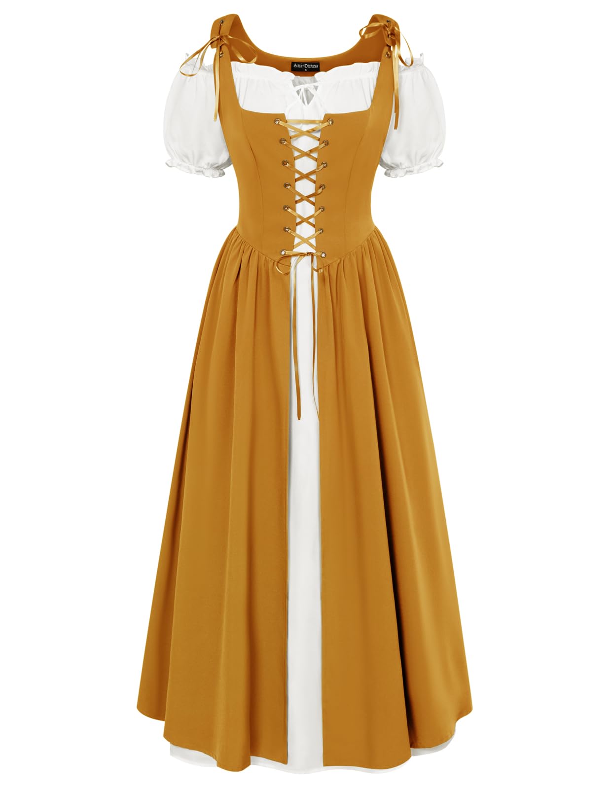 Scarlet Darkness Women's Renaissance Dress - Peasant Medieval Maxi Dress with Short Sleeves | Perfect for Renaissance Faires, Cosplay & Historical Reenactments