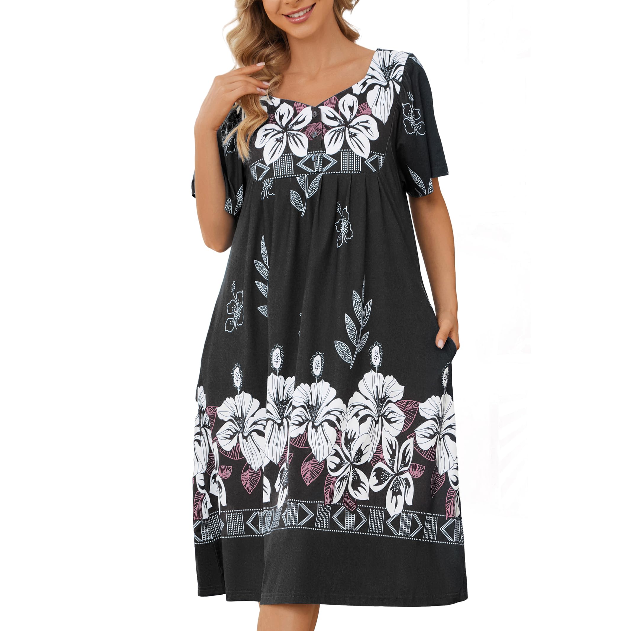 Comfy Women's House Dresses with Pockets - Short Sleeve Mumu Dresses & Lounge Wear for Home, Sleep & Relaxation (Sizes S-3XL) | Perfect as Nightgown, Duster or Casual Home Dress