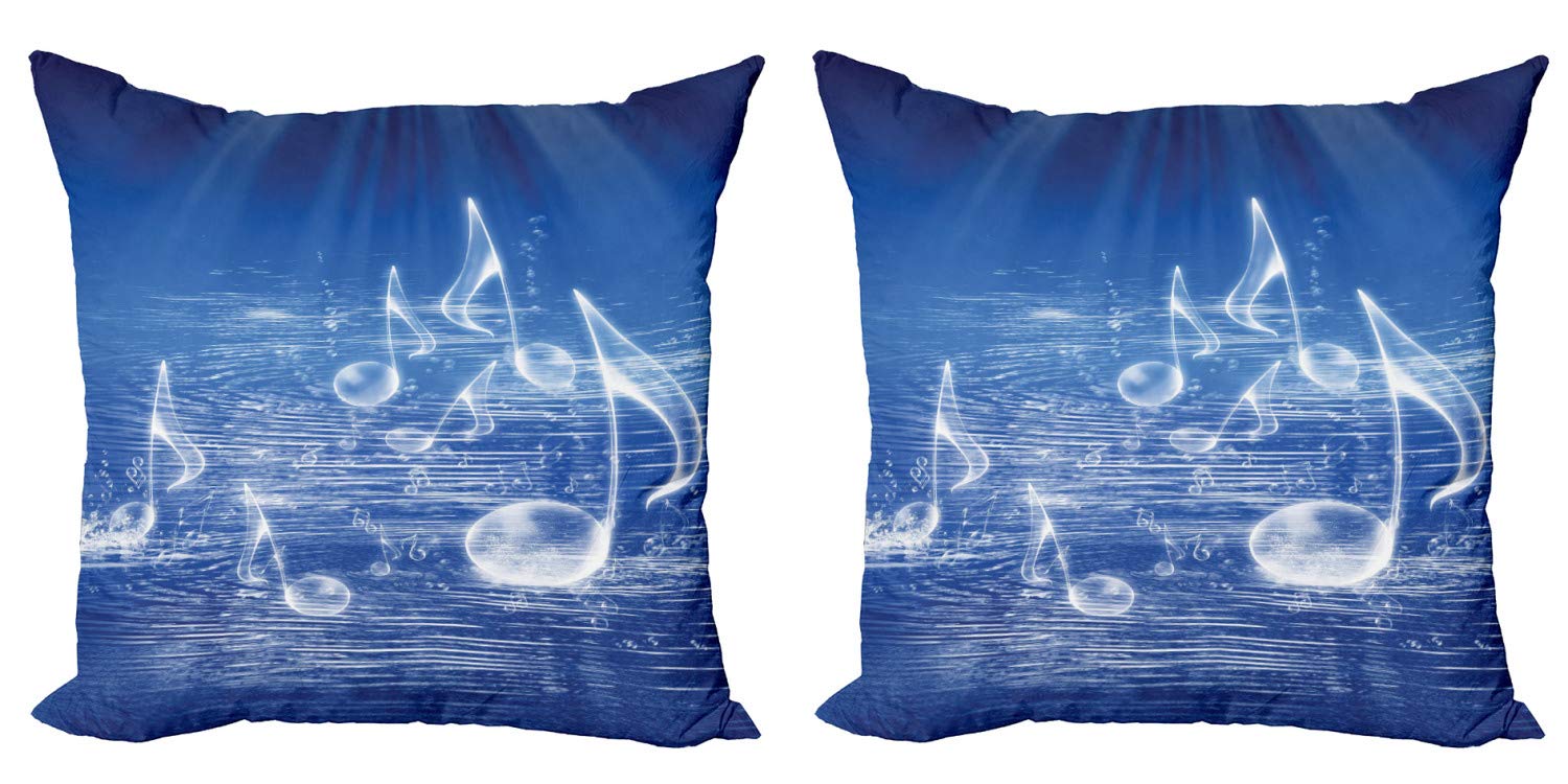 Ambesonne Music Throw Pillow Covers (Pack of 2) - Water Musical Notes & Dancing Waves Digital Print - 16