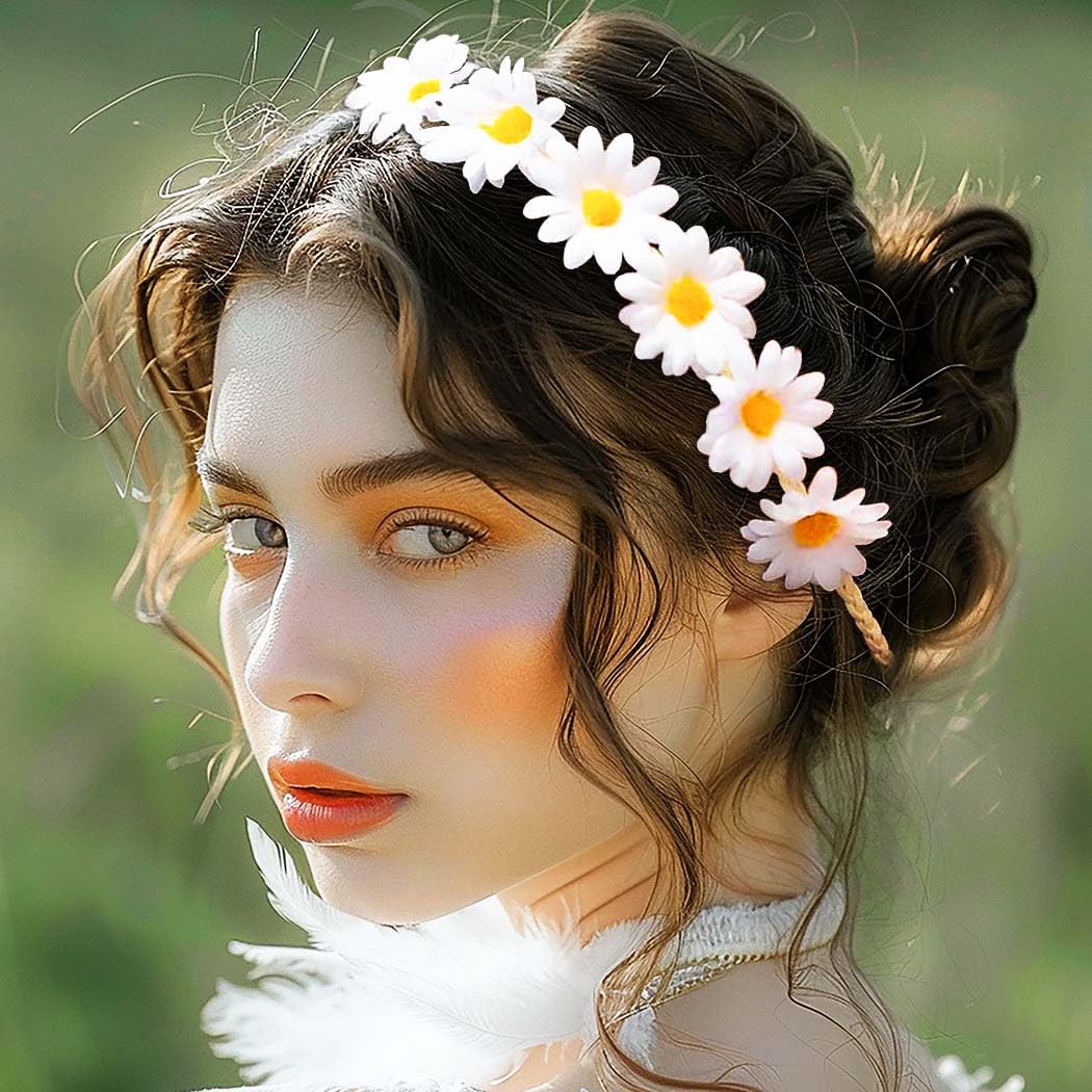 GRAEEN Sunflower Headband for Women - Yellow Floral Hair Wreath, Festival Hair Accessory, Bohemian Headpiece (White) | Perfect for Music Festivals, Weddings, Summer Parties & Photo Shoots