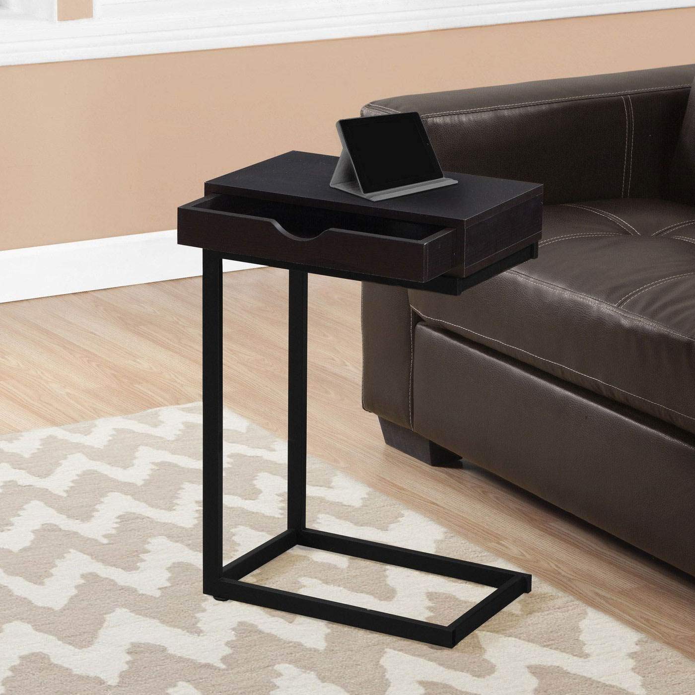 Monarch Specialties C Accent Table with Drawer - Black Metal Base & Cappuccino Finish | Modern Side Table for Living Room, Bedroom, or Office
