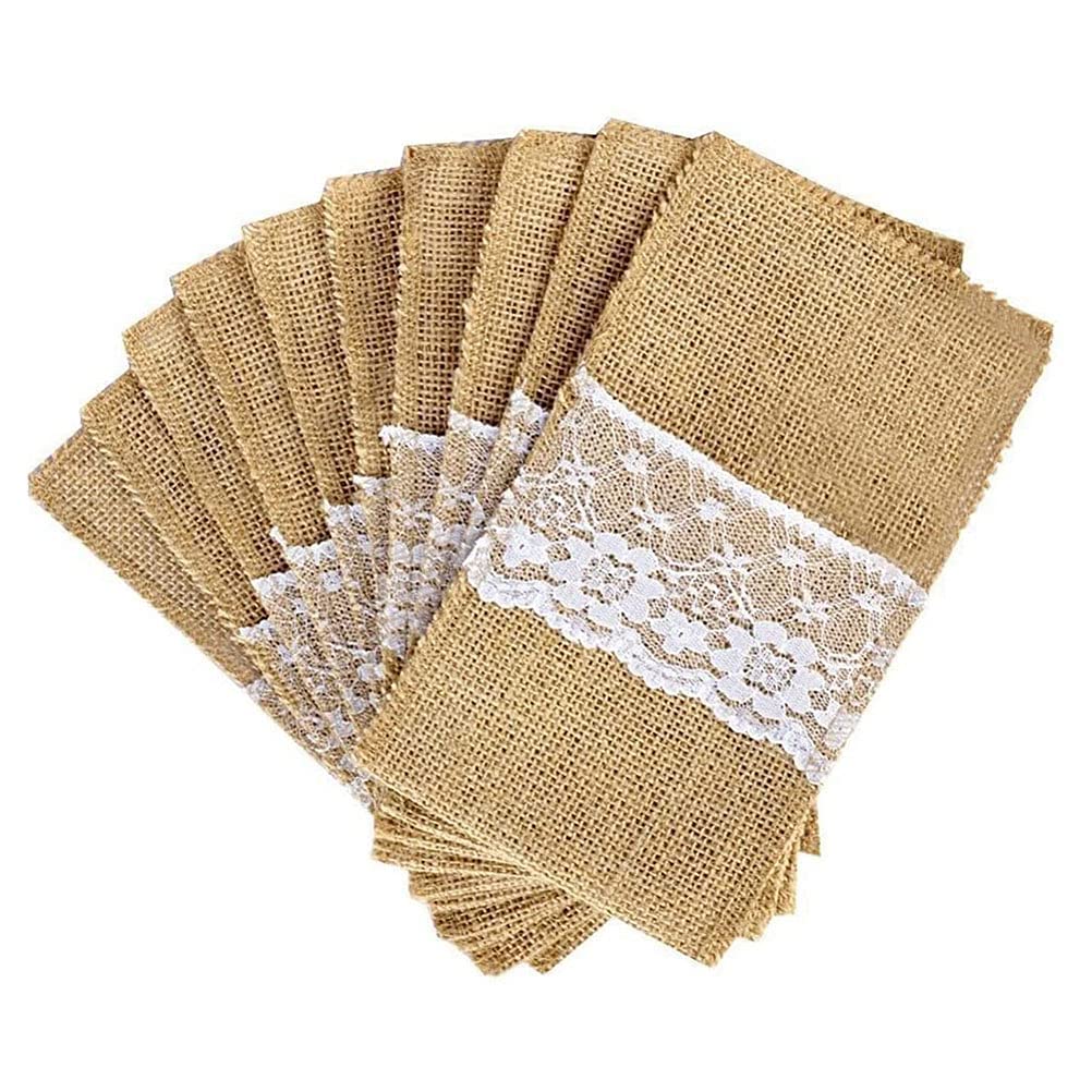 DOITOOL 10Pcs Jute Cutlery Bags with Lace - Eco-Friendly Wedding Tableware Holders for Silverware, Perfect for Rustic Wedding Decor, Bridal Shower & Party Supplies