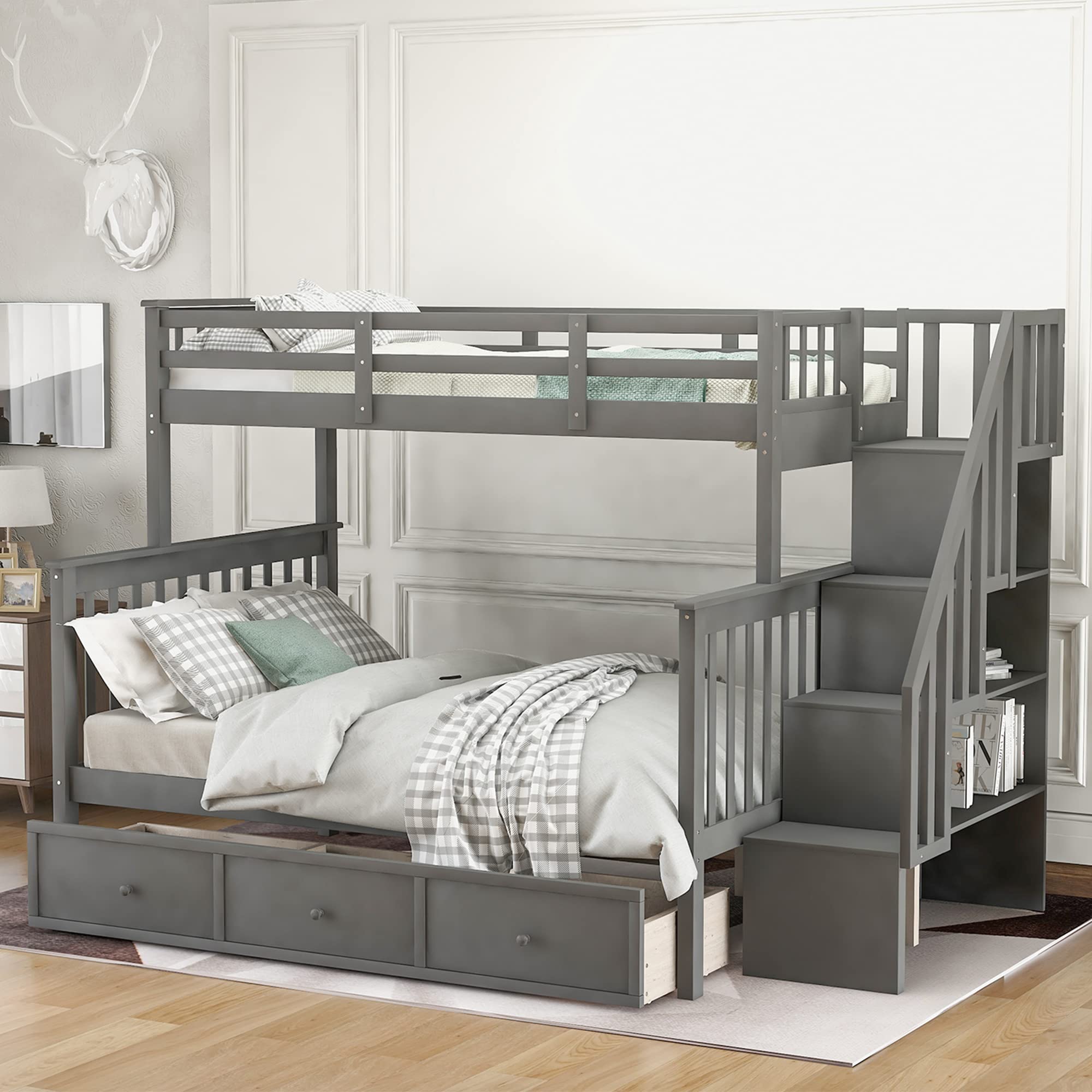 Harper & Bright Designs Twin Over Full Bunk Bed with Stairs - Wooden Bunk Bed Frame with Storage Drawers for Kids, Space-Saving Bedroom Furniture for Girls & Boys (Grey) | Perfect for Small Rooms, Shared Kids' Bedrooms & Vacation Homes