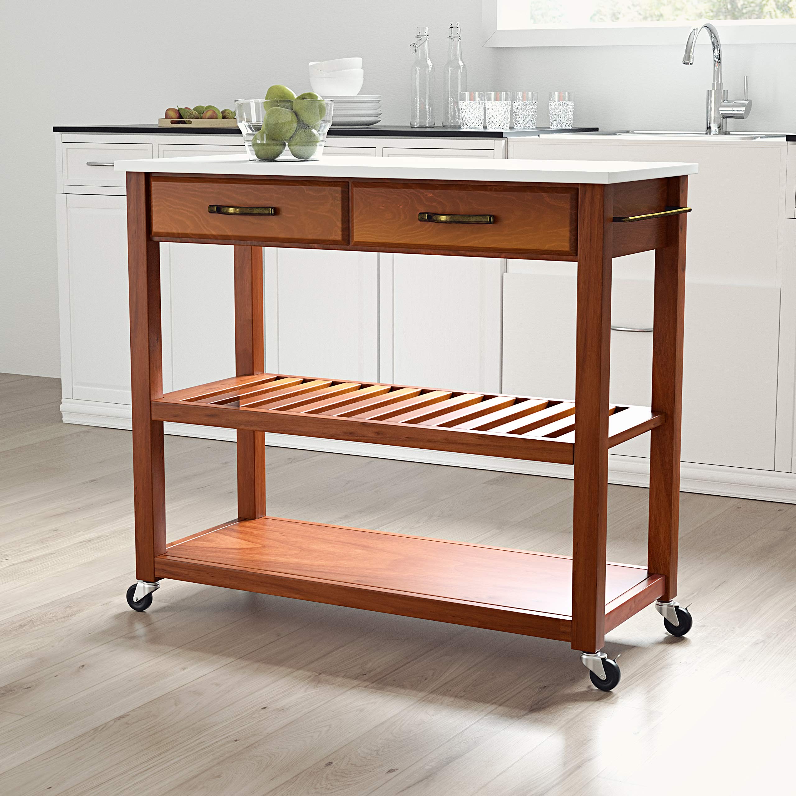 Crosley Furniture Cherry Wood Kitchen Prep Rolling Cart with Stone Top - Microwave Stand, Coffee Bar Station, Storage Shelves - Perfect for Small Kitchens, Apartments & Dorm Rooms