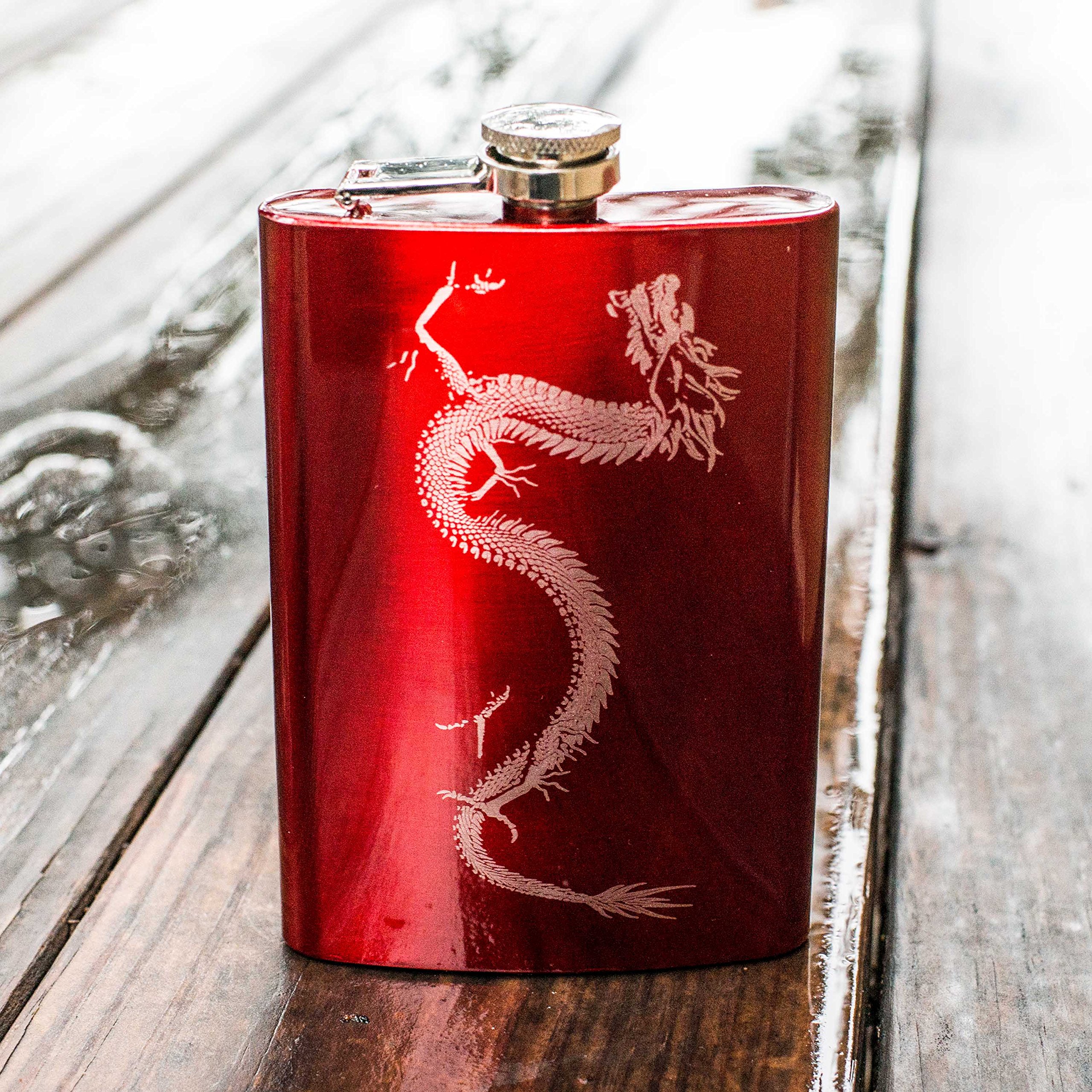 8oz Red Chinese Dragon Flask - Stainless Steel Hip Flask for Whiskey, Bourbon & Liquor - Perfect for Gifts, Parties, Travel & Outdoor Adventures