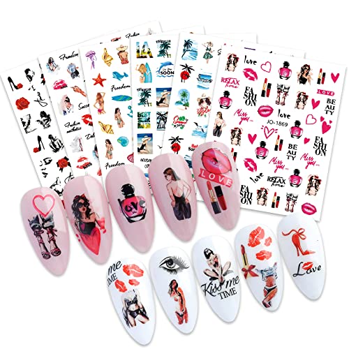 Summer Nail Stickers for Women - 12 Sheets 3D Self-Adhesive Nail Art Decals with Beach, Red Lips & Palm Tree Designs | Hawaiian Style Nail Decorations for Acrylic Nails | Perfect for Vacation, Pool Parties & Summer Nail Art