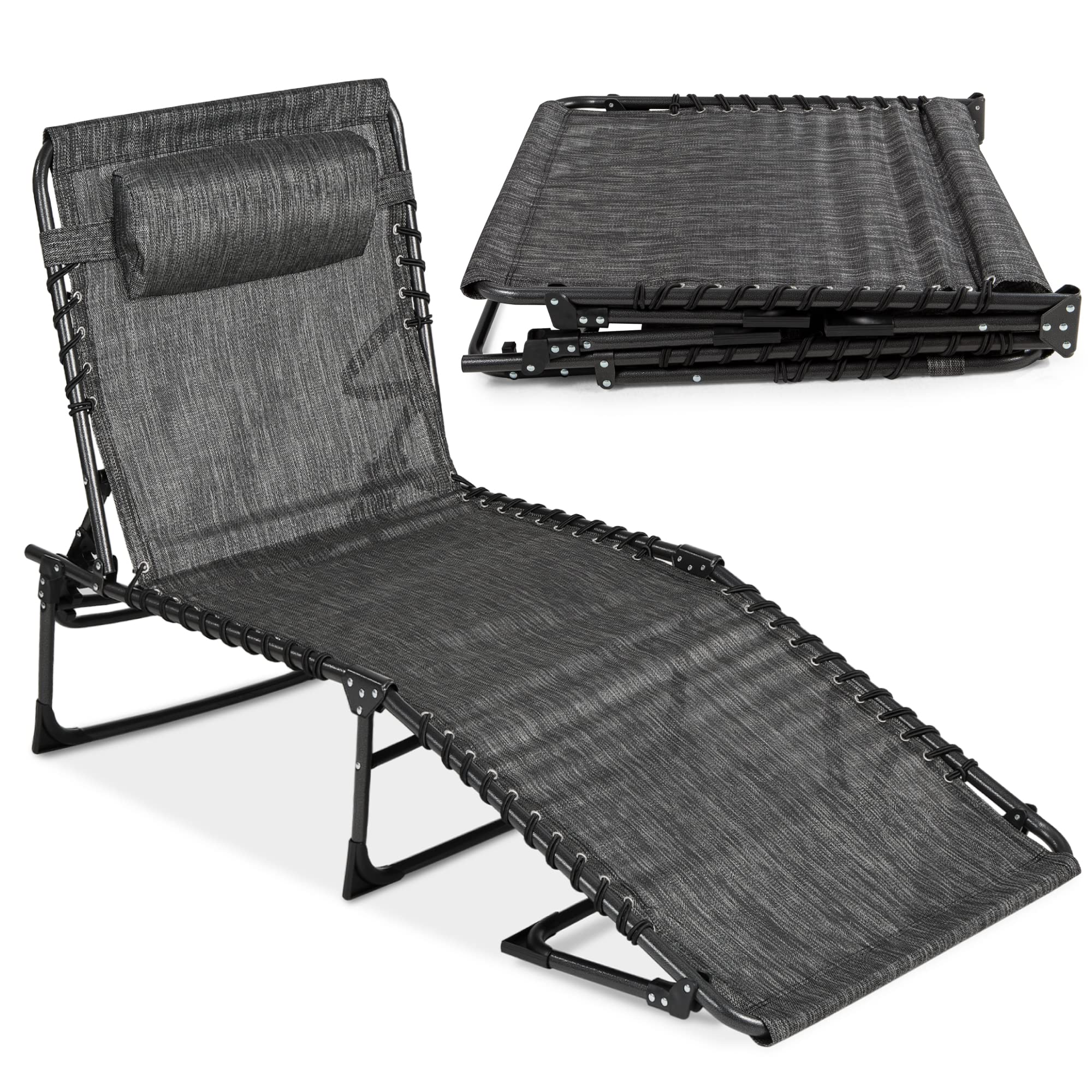 Best Choice Products Patio Chaise Lounge Chair - Portable Outdoor Folding Recliner with 8 Adjustable Positions & Handles, 300lb Weight Capacity - Gray - Perfect for Backyard, Poolside, Beach, and Camping Relaxation