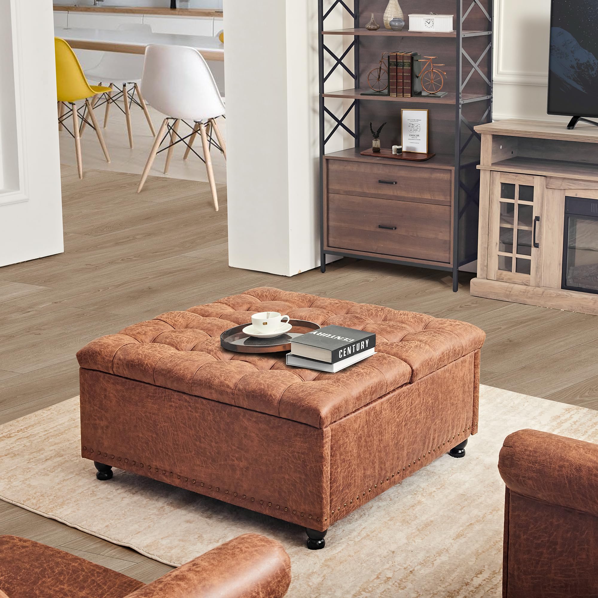 Redlife 35 Inch Large Square Storage Ottoman Bench with Lift Top - Tufted Coffee Table Ottoman for Living Room, Bedroom & Entryway - Brown Leathaire Fabric - Multi-Functional Storage Furniture for Shoes, Blankets & Home Decor