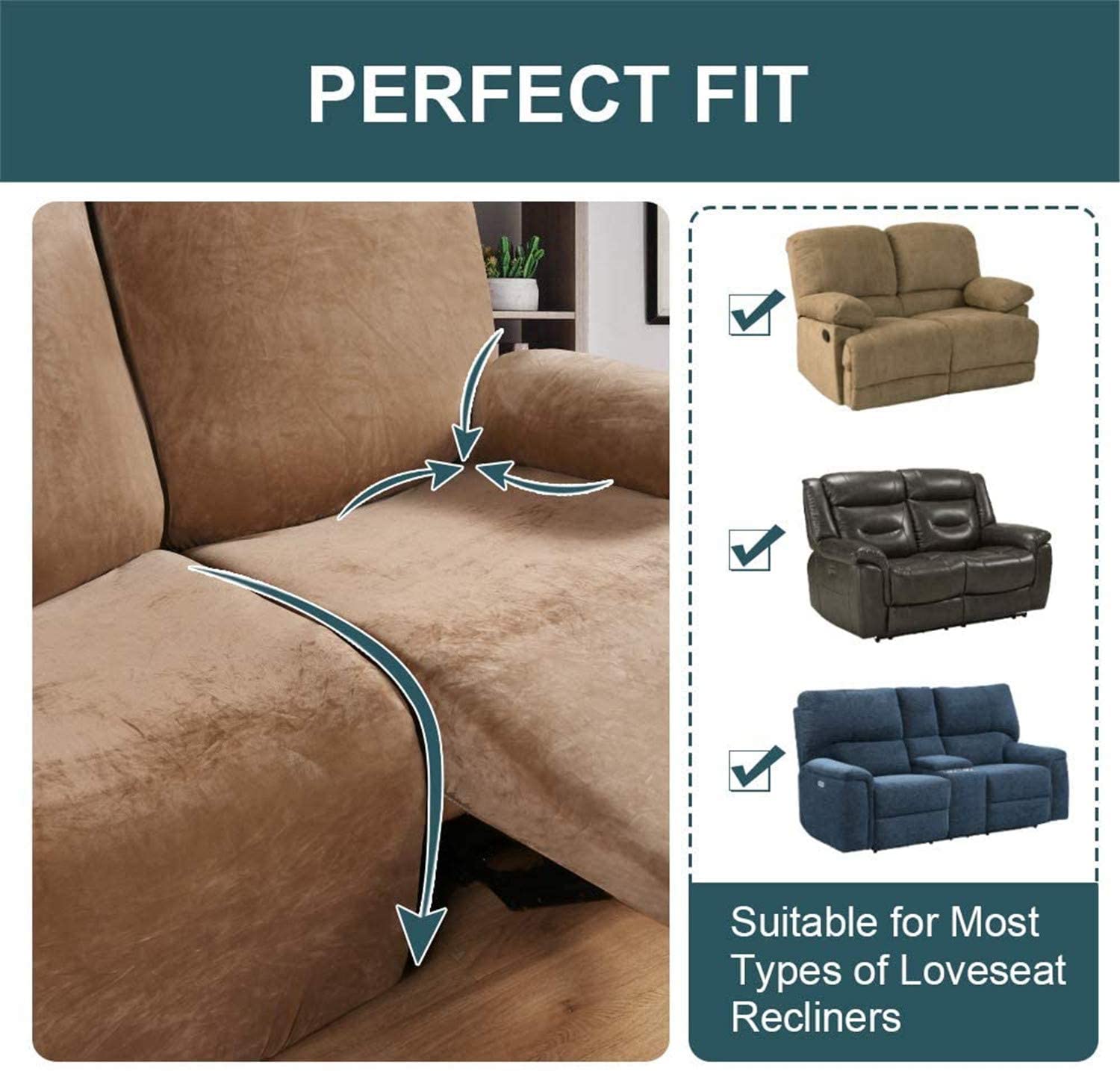 6-Piece Velvet Recliner Sofa Cover Set - Stretchable 2-Seater Loveseat Slipcover with Side Pockets - Soft Furniture Protector for Living Room, Home Theater, and Family Room (Camel Color)