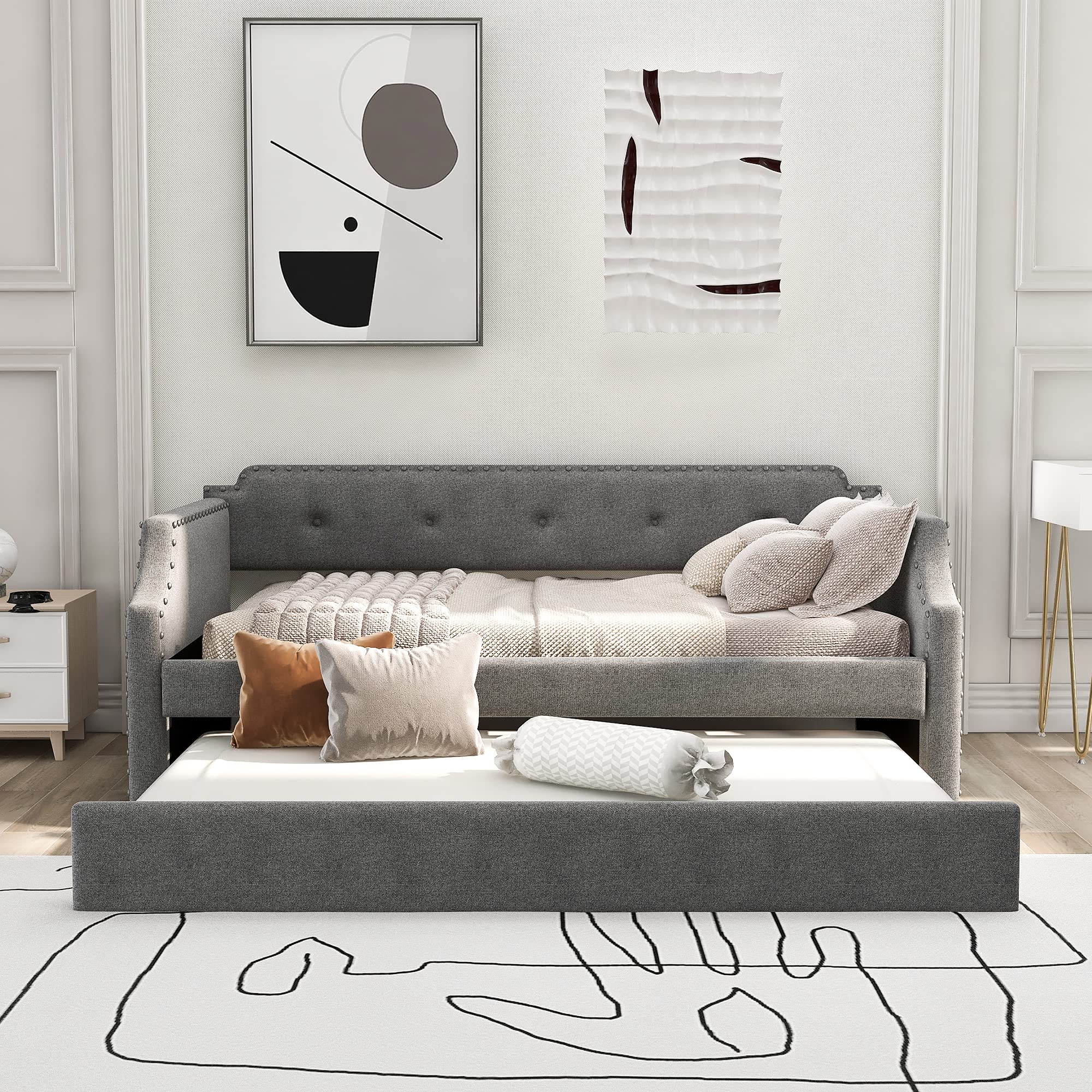 Twin Bed with Trundle - Upholstered Wood Daybed Frame, No Box Spring Needed, Grey - Perfect for Guest Rooms, Kids Rooms & Small Spaces