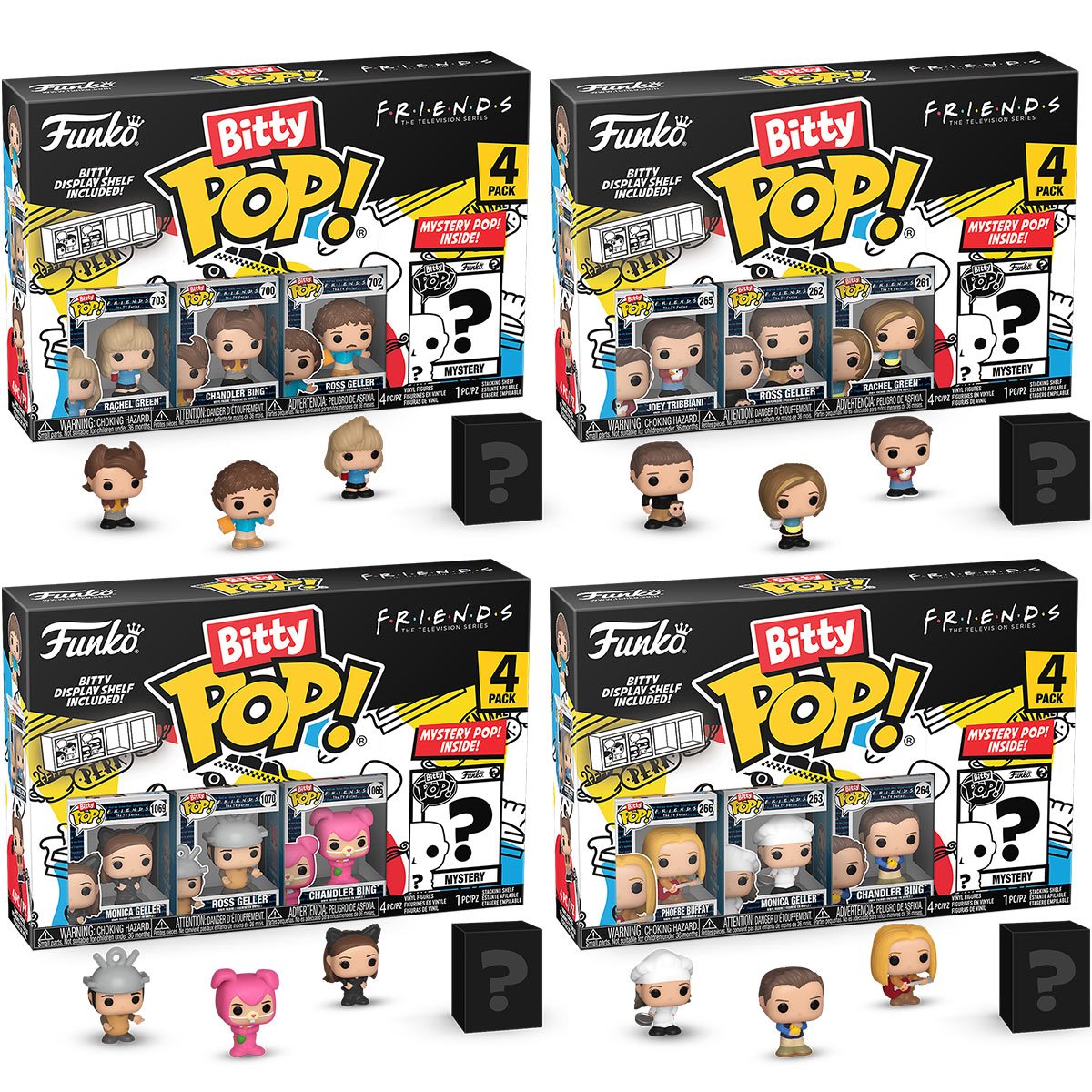 Funko Friends Bitty Pop! Mini Figures 4 Pack - Rachel, Monica, Phoebe & Joey Collectible Set - Perfect for Office Desk Decor, TV Show Fans Gift & Pop Culture Collectors
