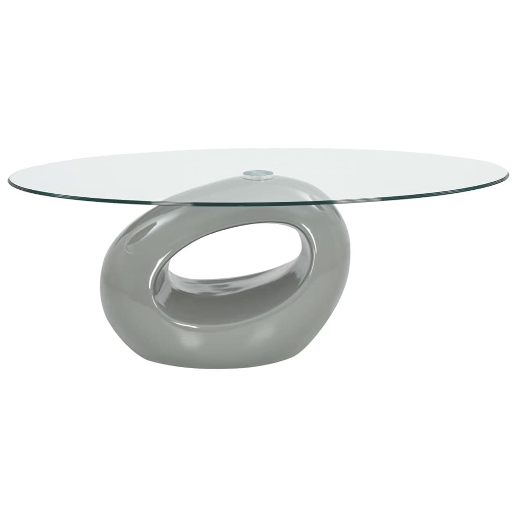 Modern Oval Glass Top Coffee Table - High Gloss Gray Finish for Living Room, Lounge & Office Decor