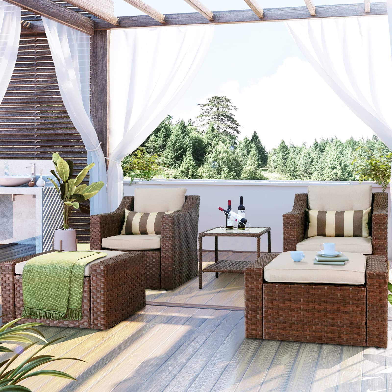 SOLAURA 5-Piece Outdoor Patio Furniture Set - Brown Wicker Lounge Chairs with Ottoman Footrest, Coffee Table & Beige Cushions for Garden, Backyard, Deck or Balcony - Perfect for Relaxing, Entertaining & Outdoor Lounging