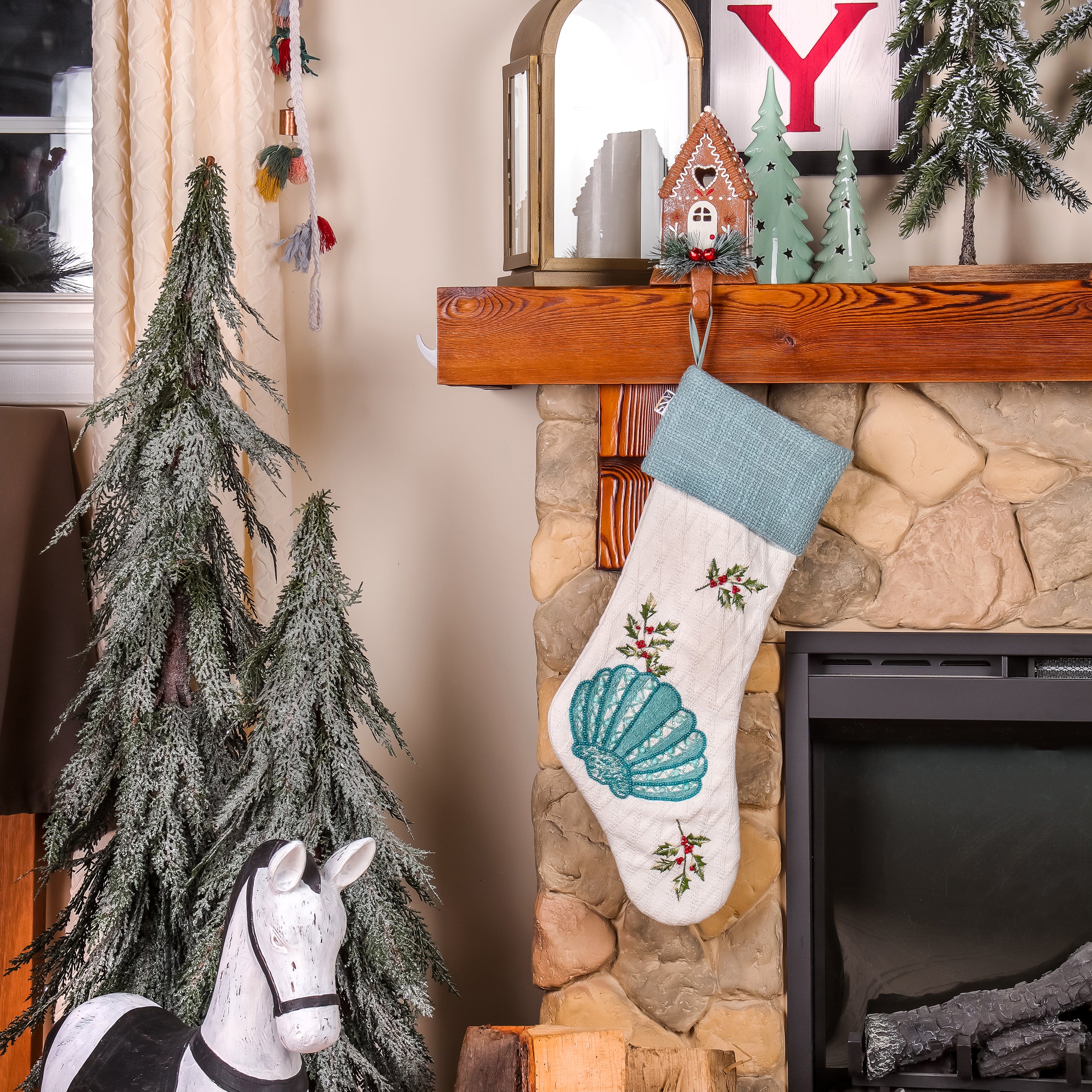 20 Inch HGTV Home Collection Embroidered Blue Shell Christmas Stocking - Perfect for Holiday Decor, Fireplace Mantel & Gift Giving