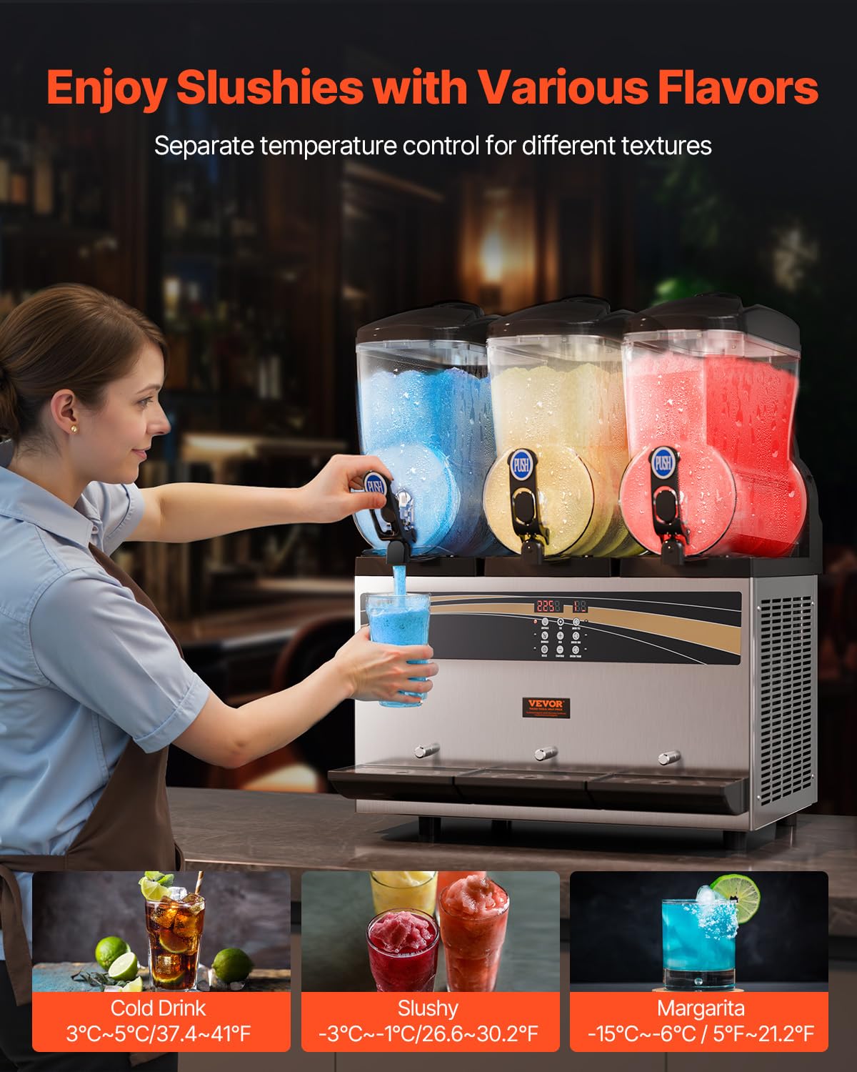 VEVOR Commercial Margarita Machine 15L x 3 Triple Tank Slushie Maker - Stainless Steel Frozen Drink Machine for Margaritas, Smoothies & Slushies (180 Cups Capacity) - Perfect for Home Parties, Restaurants, Cafes & Bars