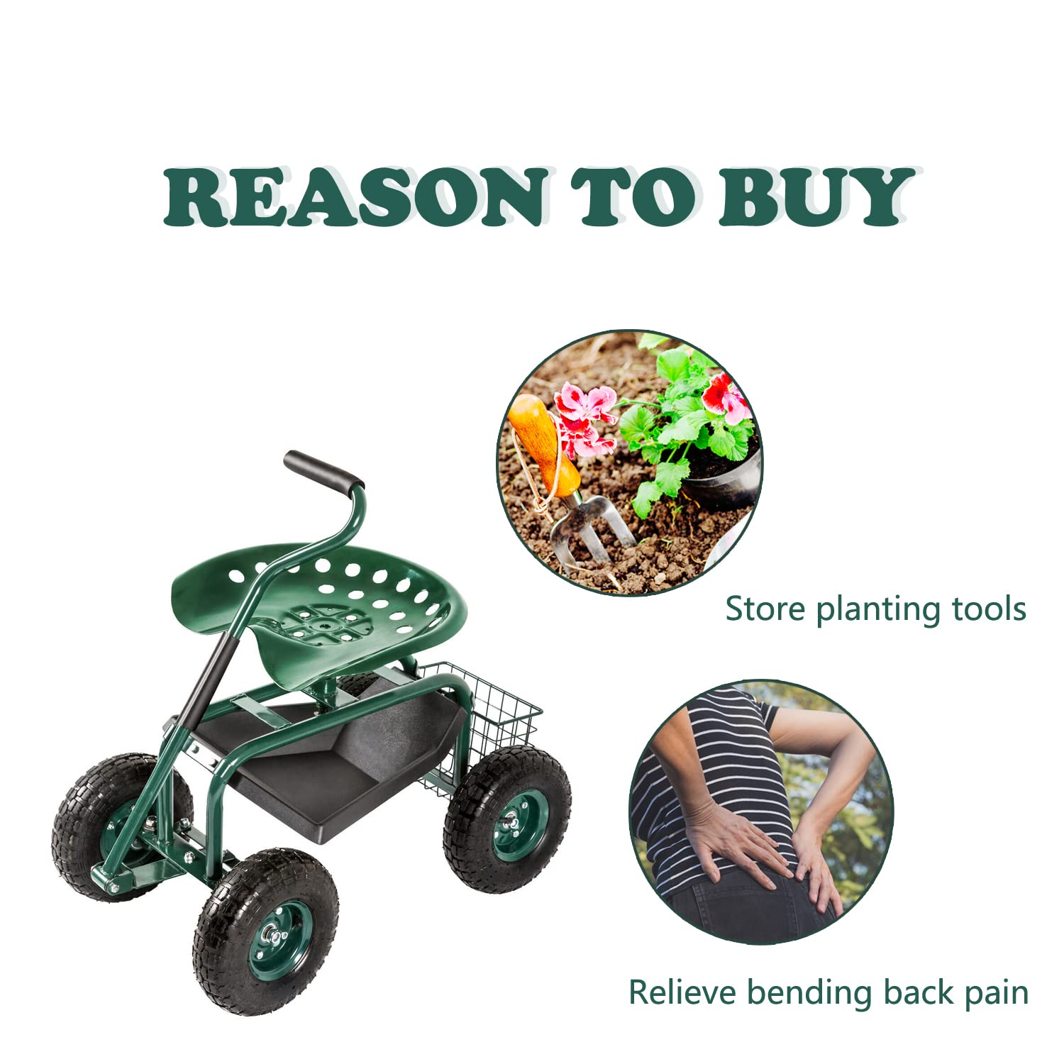 **Kinfant 360° Swivel Rolling Garden Cart with Seat - Heavy Duty Outdoor Garden Stool, Utility Cart for Gardening, Yard Work, and Patio Use**    *(Use Case: Perfect for planting, weeding, transporting tools, and relaxing in your garden or backyard.)*