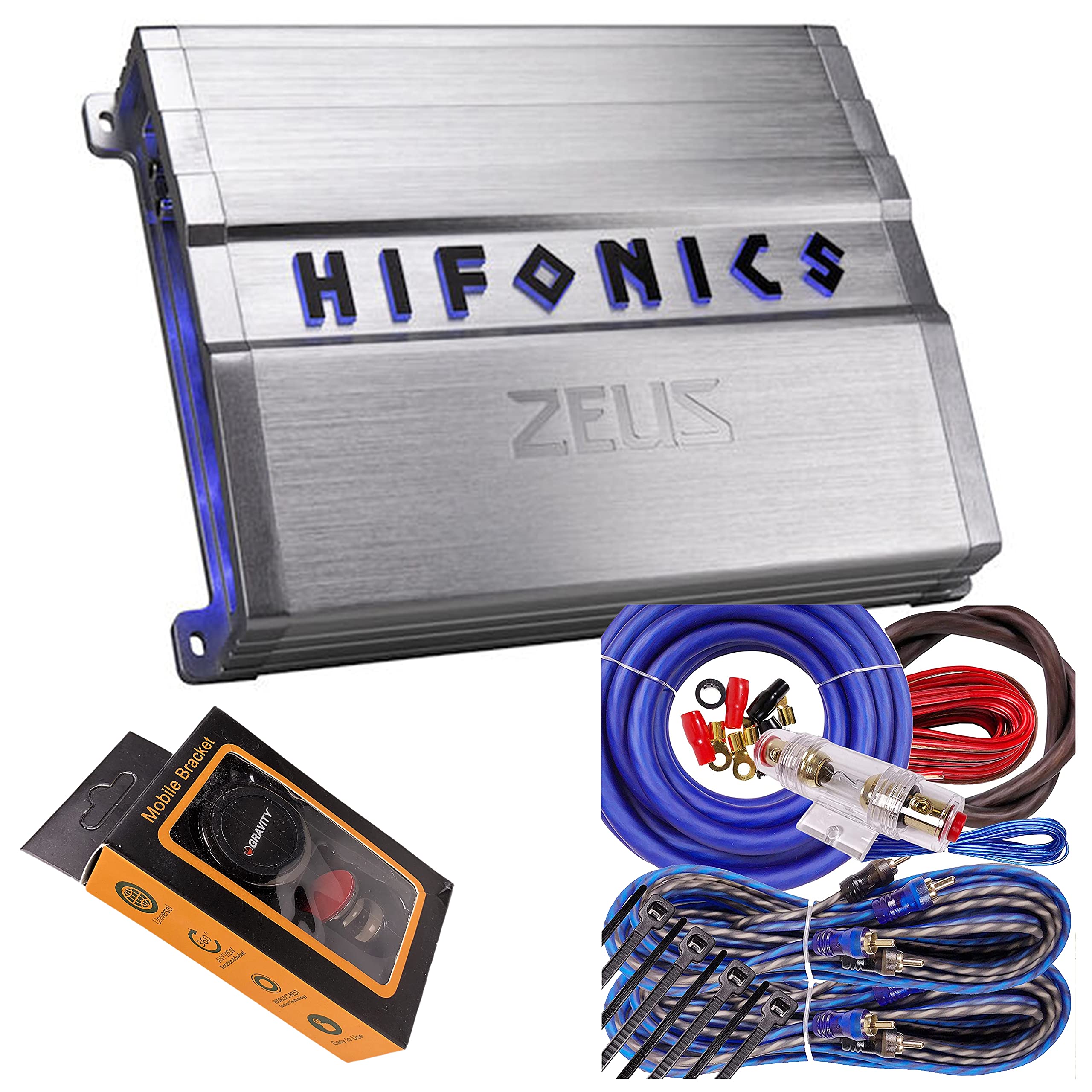 Hifonics ZG-600.4 Zeus Gamma 4 Channel 600W Super A/B Class Car Amplifier with Subwoofer, Speakers & 4 Gauge Kit - Includes Gravity Magnet Phone Holder (Blue) - Perfect for Car Audio Upgrades, Bass Boost & Hands-Free Driving