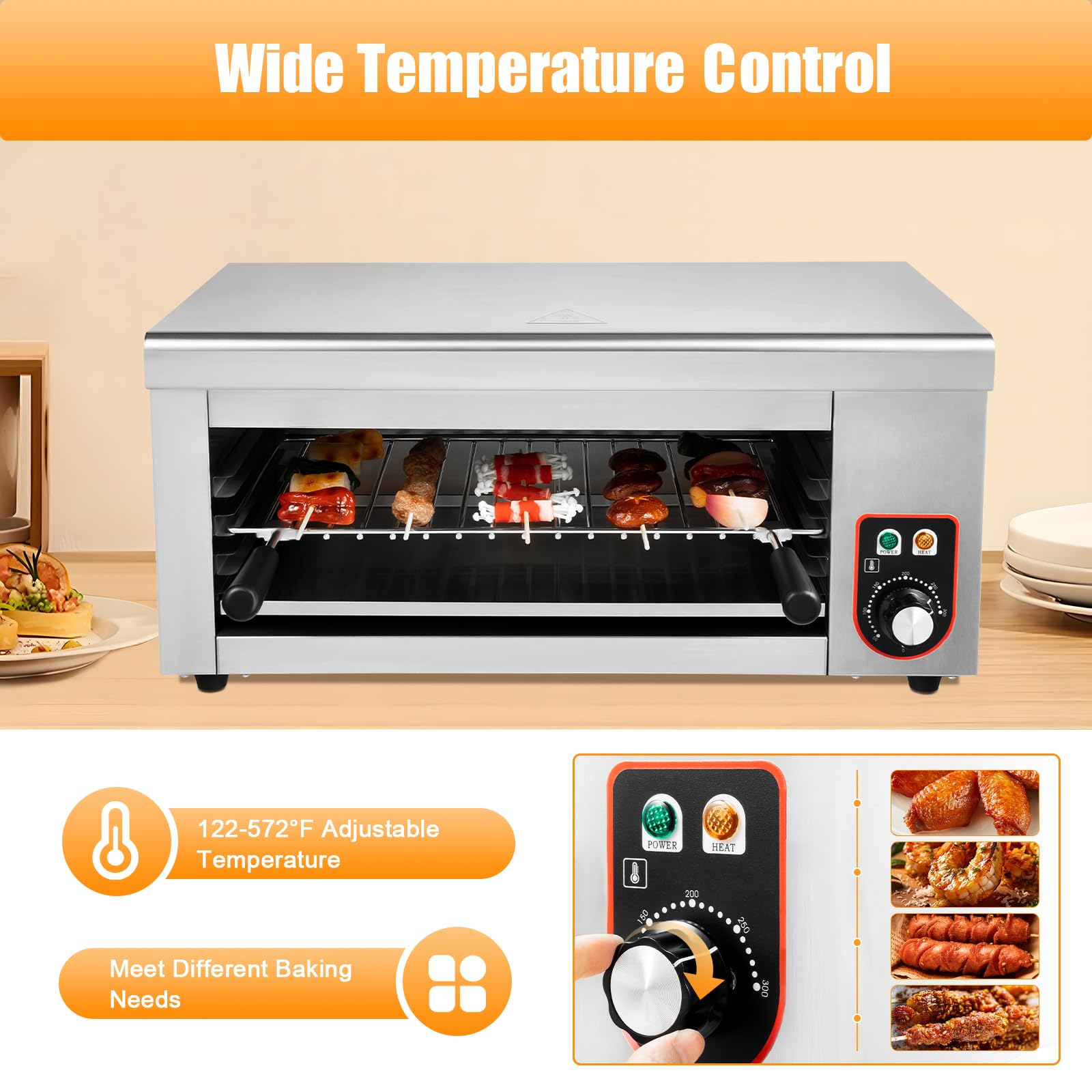 1500W Commercial Electric Cheese Melter & Salamander Broiler - Stainless Steel Steak Warmer with Adjustable Temperature (120-570°F) - Perfect for Restaurants, Pubs & Home Kitchens - Melts Cheese, Cooks Steaks & Roasts Chicken/Veggies - 110V US Plug