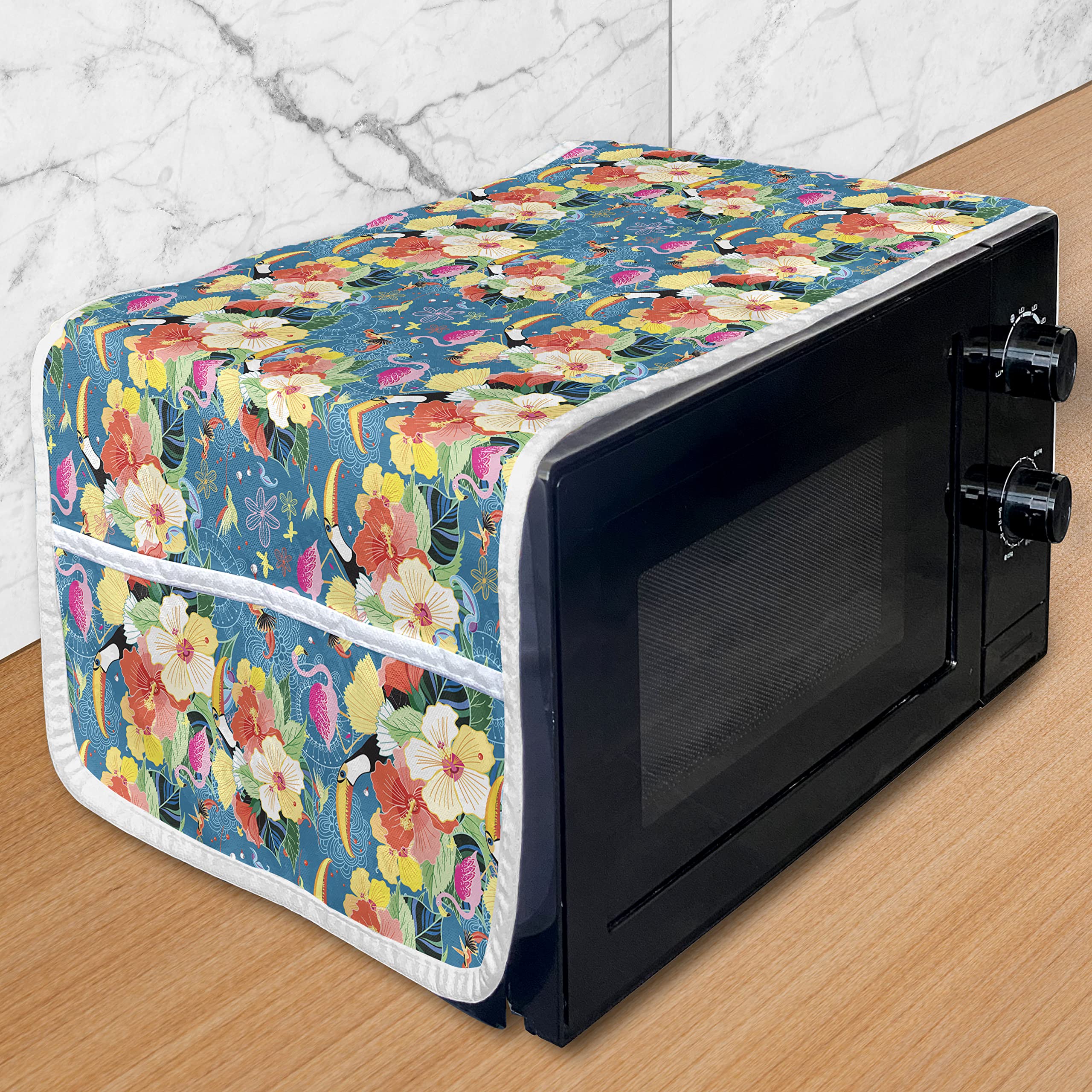 Ambesonne Tropical Microwave Oven Cover - Waterproof Hawaiian Hibiscus Bird Design Kitchen Organizer with Pockets, 36