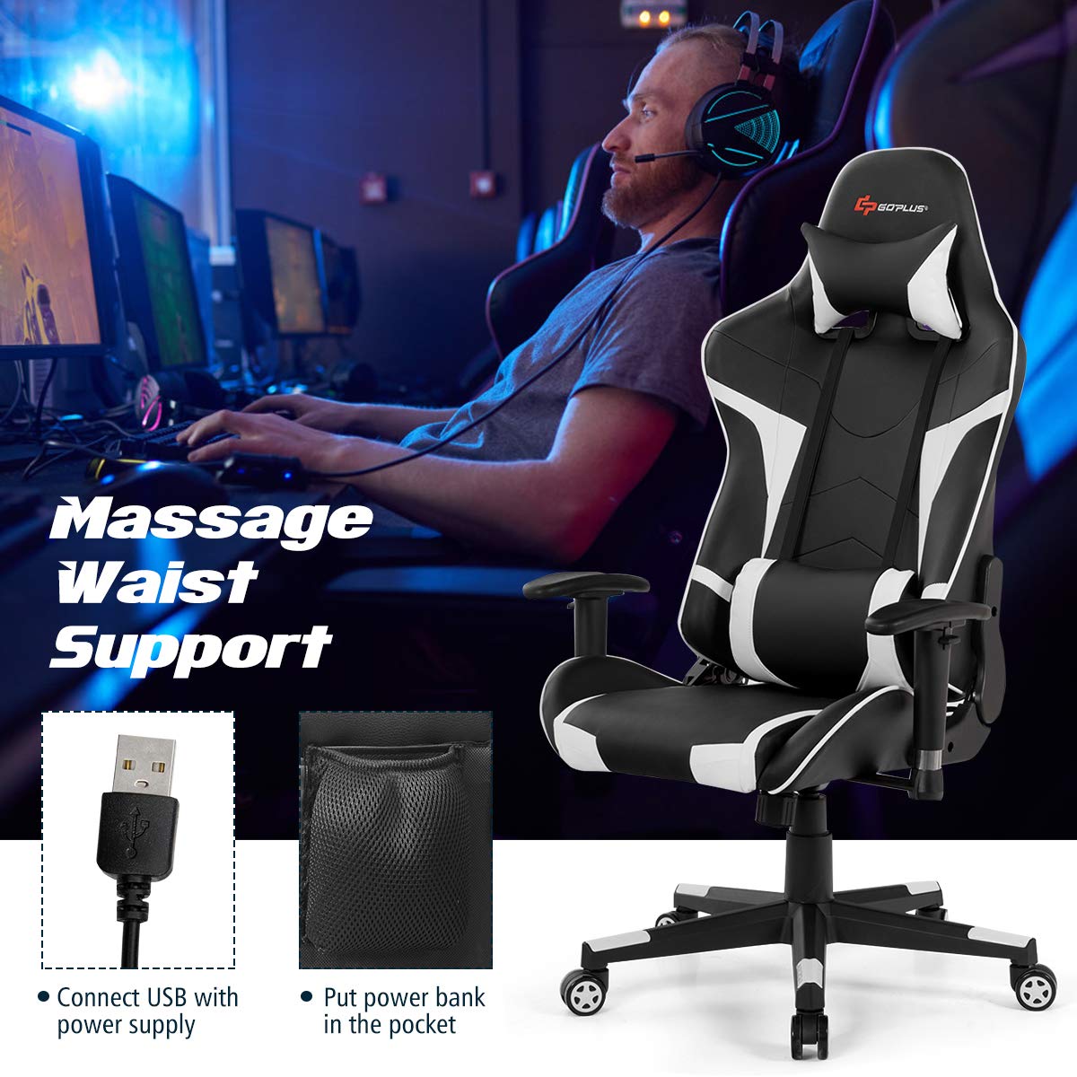 Ergonomic Gaming Chair with Massage - High Back PU Leather Office Chair, Adjustable Arms & Headrest, Reclining Racing Style Computer Game Chair for Home & Office Use - Perfect for Gaming, Working, and Relaxing