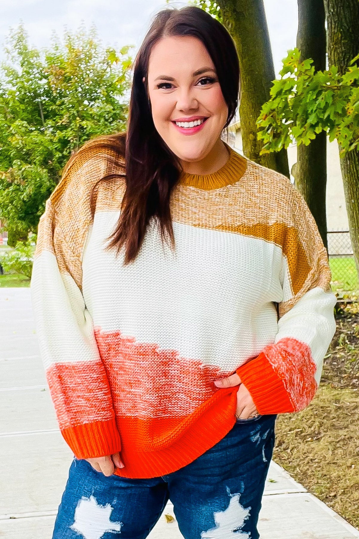 Cute Camel & Orange Color Block Sweater for Women | Cozy Knit Pullover | Perfect for Fall Outfits, Casual Wear & Holiday Gatherings