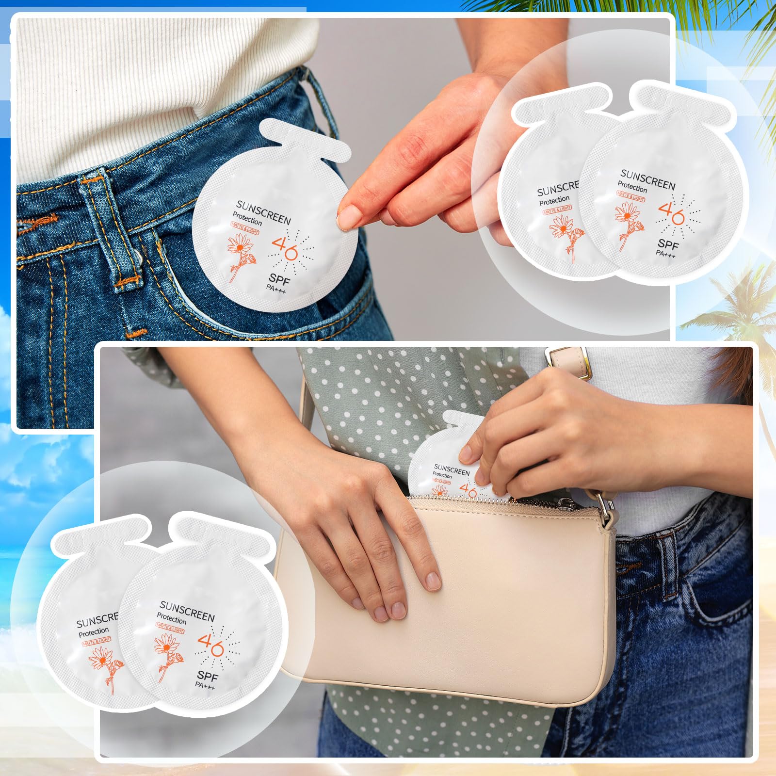 150 Pcs Mini Travel Size Sunscreen Packets SPF 46+ - Bulk Sunscreen for Summer, Beach, Pool & Outdoor Activities - Perfect Party Favors for Women & Girls