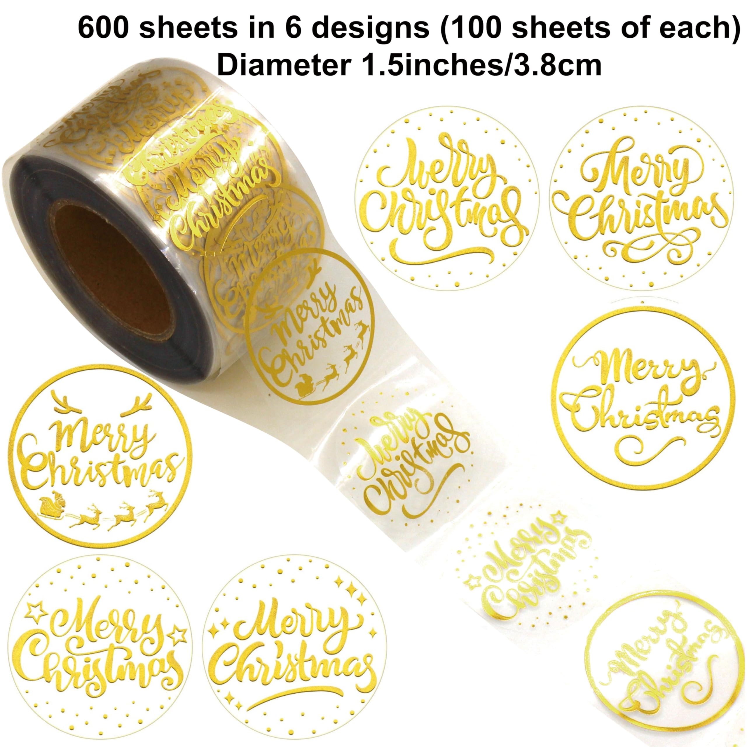 600 Gold Foil Merry Christmas Stickers - 1.5 Inch Clear Holiday Stickers for Cards, Envelopes, Gifts, Bags & DIY Crafts - Perfect for Christmas Decorations, Party Favors & Winter Holiday Scrapbooking