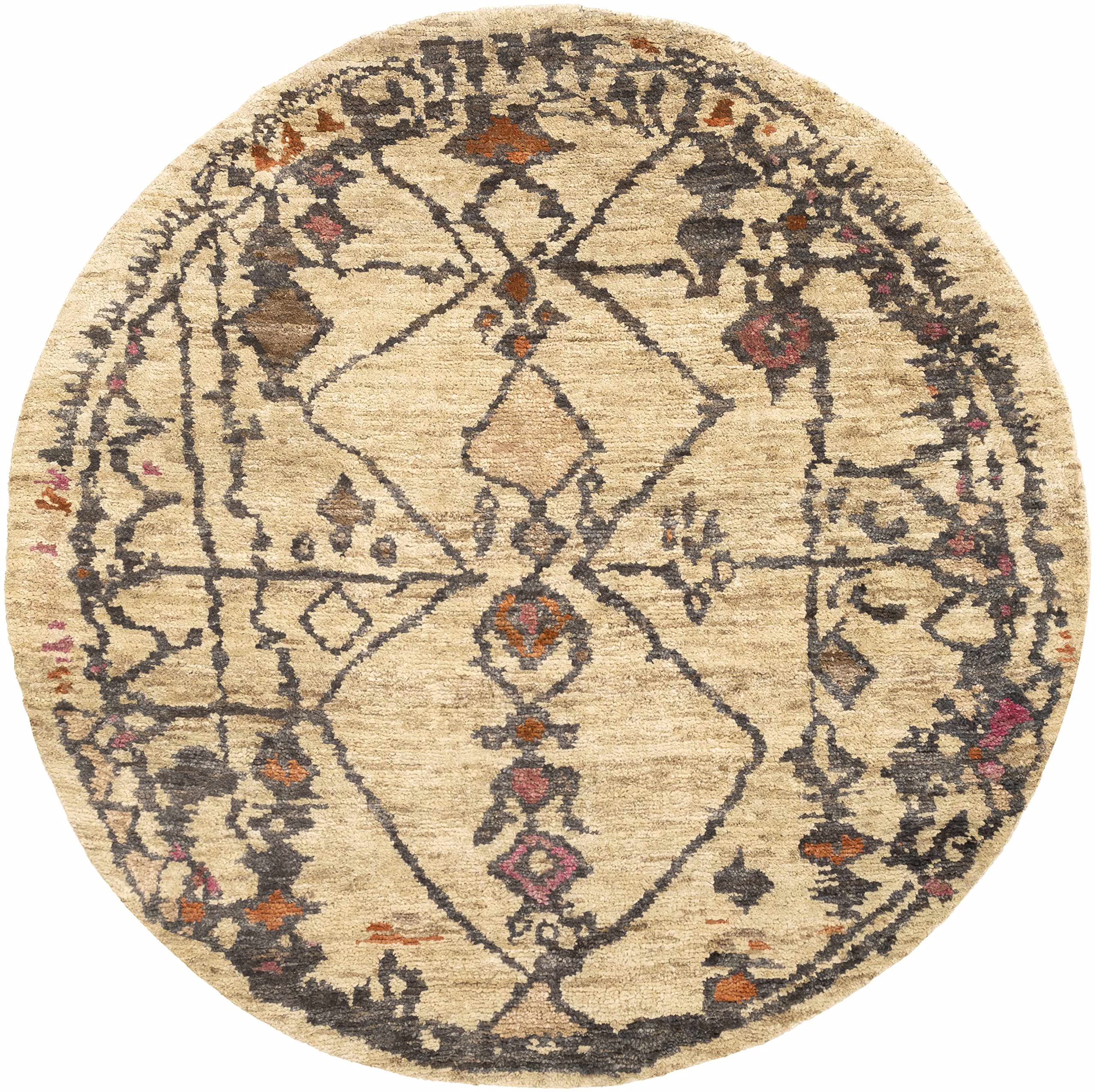 Bohemian Transitional Jute Area Rug for Living Room & Bedroom - 8' Round Handwoven Natural Fiber Rug in Burnt Orange, Dark Pink & Beige - Perfect for Boho Chic, Farmhouse & Coastal Decor Styles