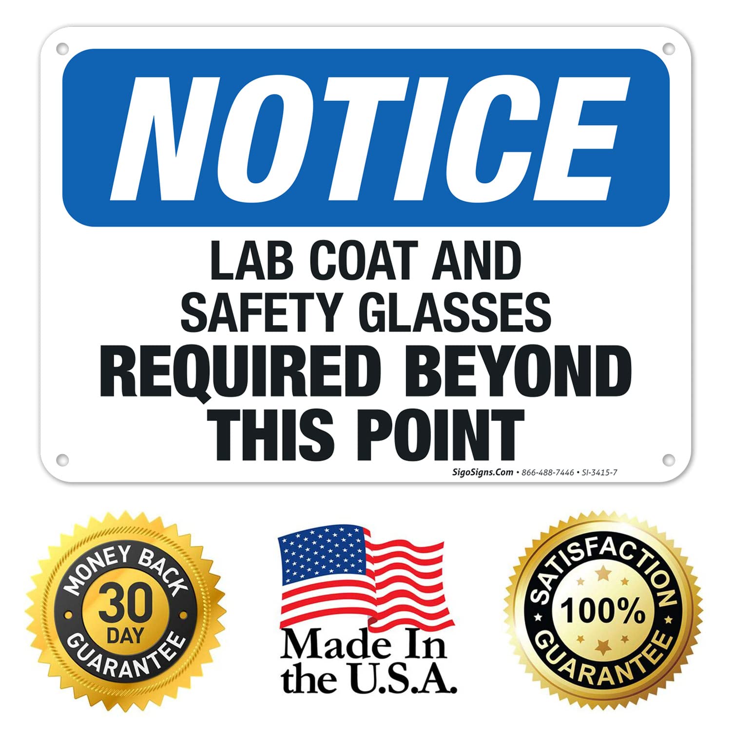 OSHA Compliant Lab Coat & Safety Glasses Required Sign - 10x7 Inch Rust-Free Aluminum Safety Sign - Fade Resistant for Indoor/Outdoor Use - Made in USA - Perfect for Laboratories, Hospitals & Industrial Workplaces