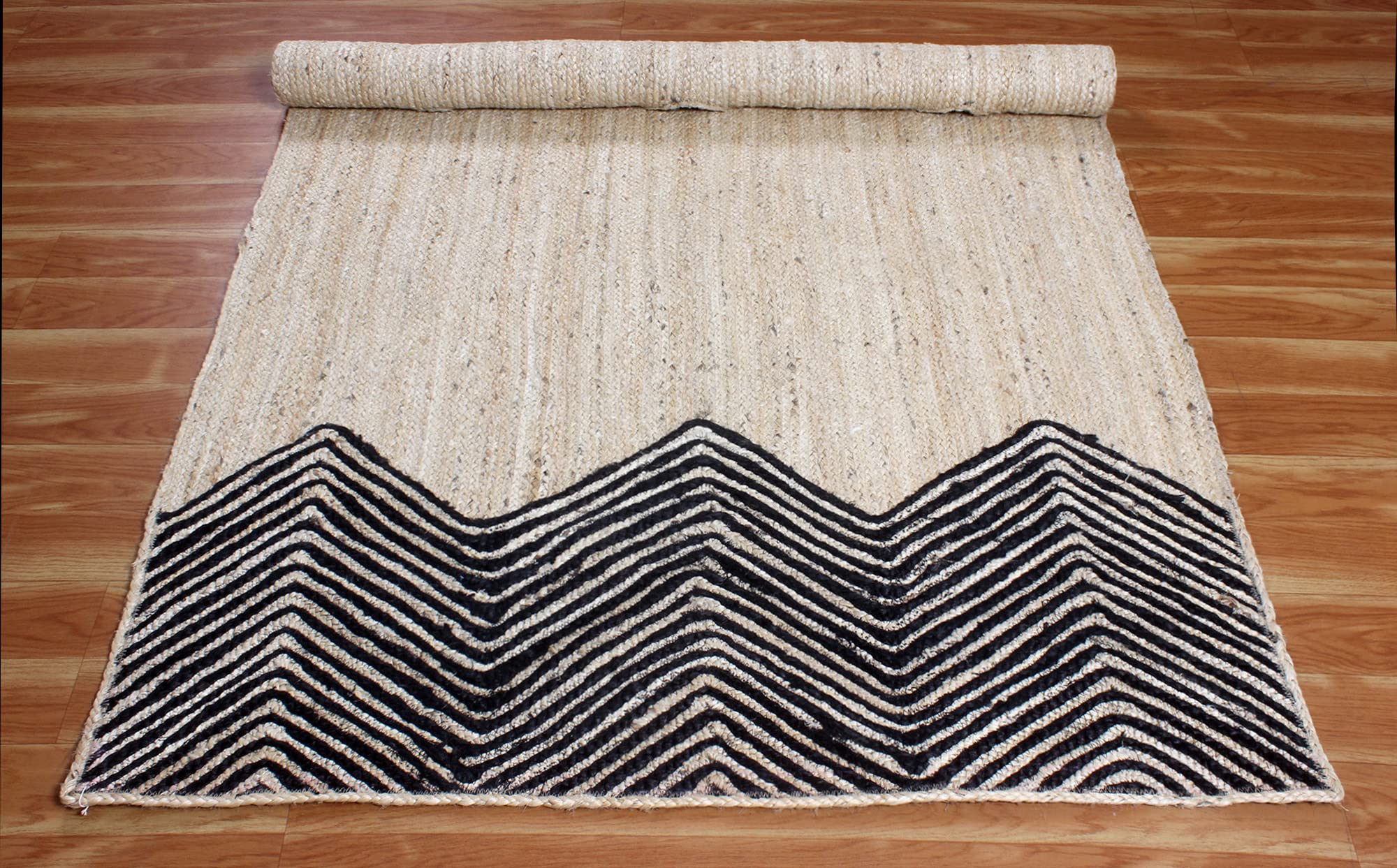 Handwoven Indian Jute Rug - Geometric Black & Beige 6x6 Feet Square Area Rug for Dining Room, Bedroom, Living Room, Nursery & Balcony - Eco-Friendly Home & Office Floor Decor