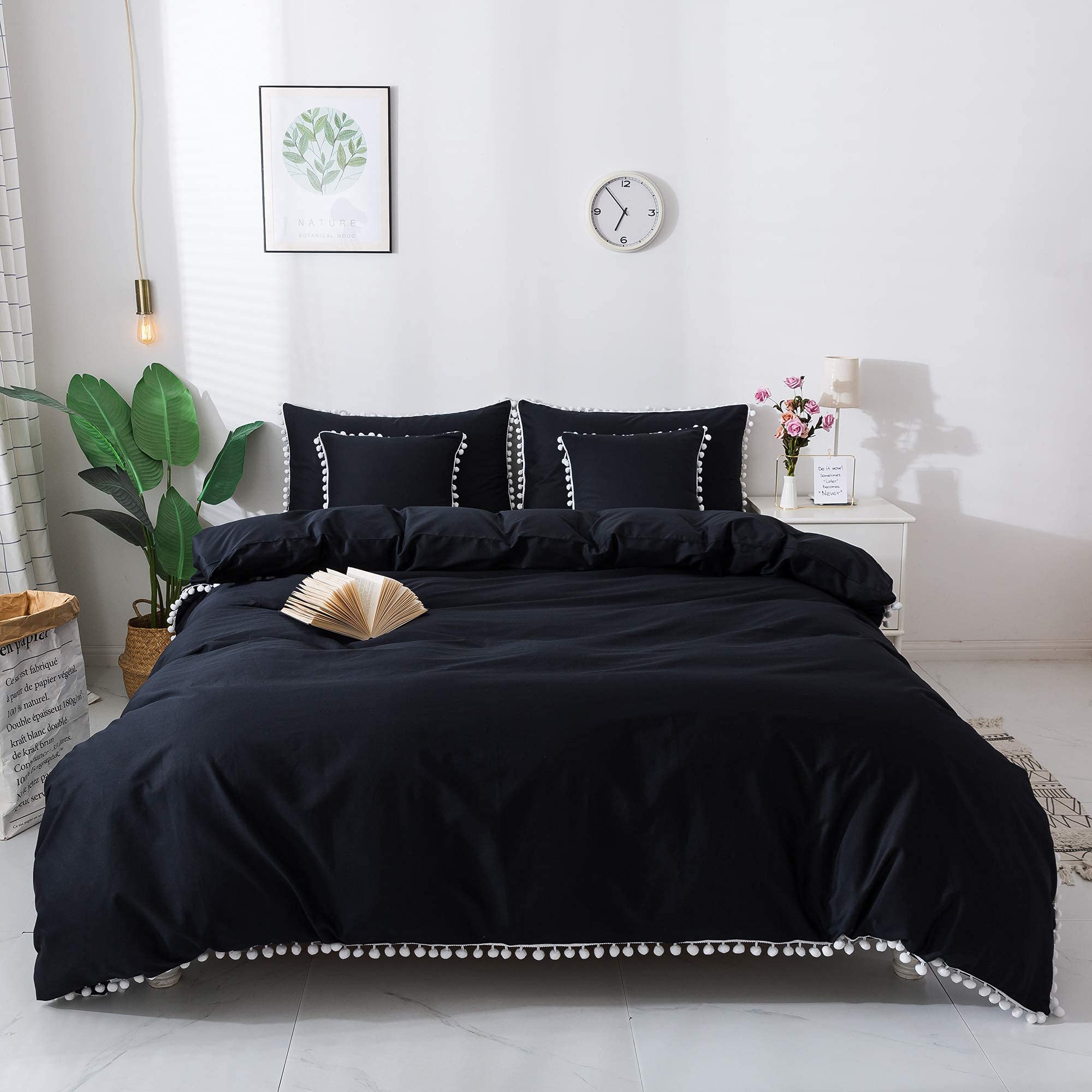 Softta California King 3-Piece Boho Duvet Cover Set - 100% Cotton White & Black Vintage Pompom Fringe Bedding for Teen Girls | Perfect for Bohemian Bedroom Decor, Dorm Room Essentials & Cozy Teen Retreat
