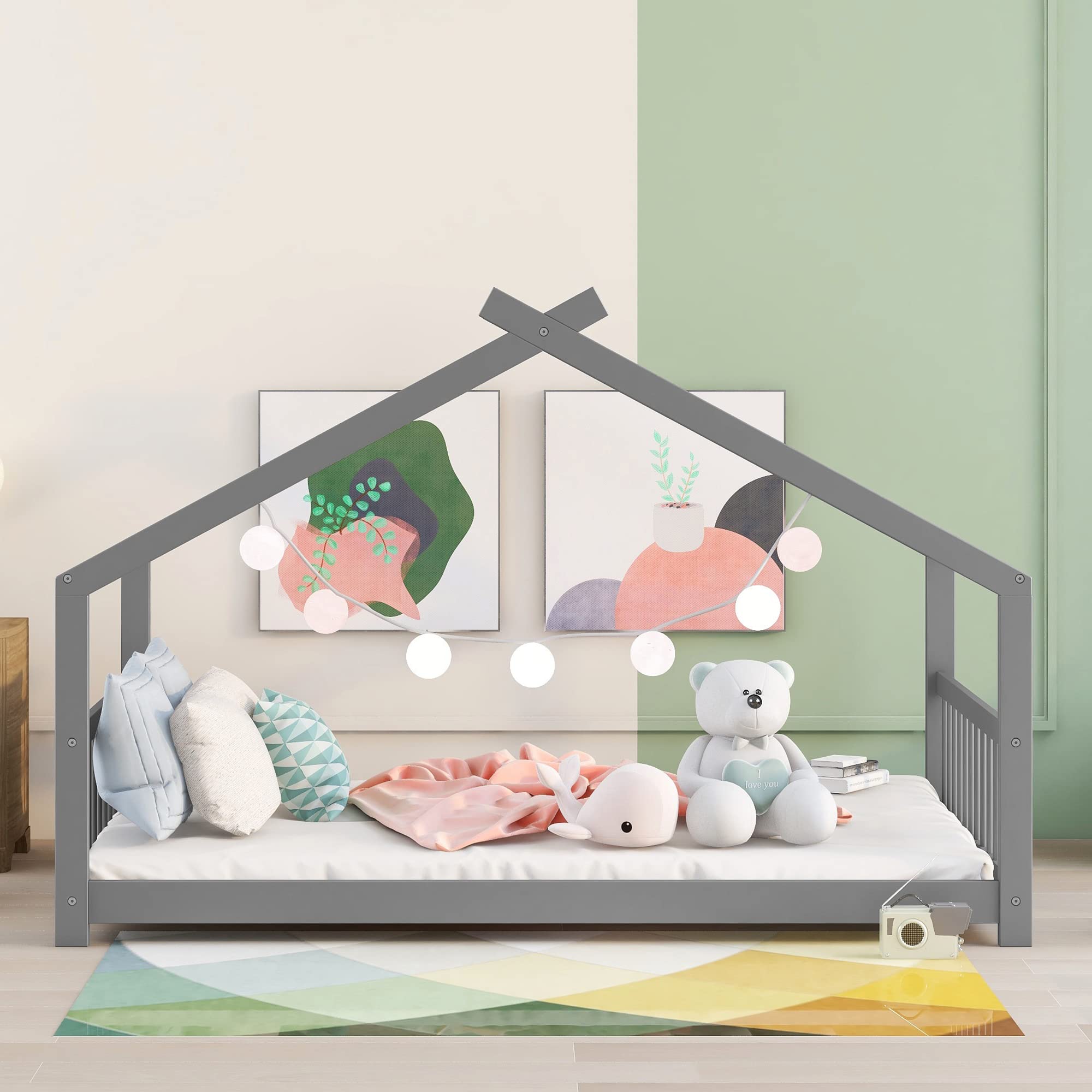 Harper & Bright Designs Full Size House Bed for Kids - Sturdy Wooden Bed Frame with Headboard & Footboard, No Box Spring Needed - Perfect for Boys & Girls Bedroom Furniture (Grey) - Ideal for Playtime, Sleepovers & Cozy Nights