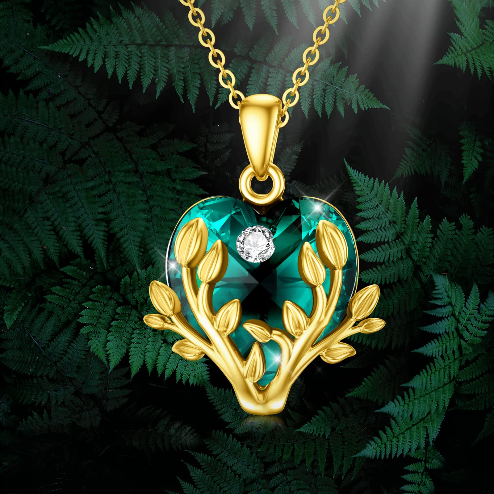 YDD 9ct Real Gold Tree of Life Necklace with Love Heart Crystal Pendant - Dainty Family Jewelry for Women, Perfect Christmas, Mother's Day & Birthday Gift for Her (16+1+1 inch) - Ideal for Special Occasions, Weddings, Anniversaries and Everyday Elegance