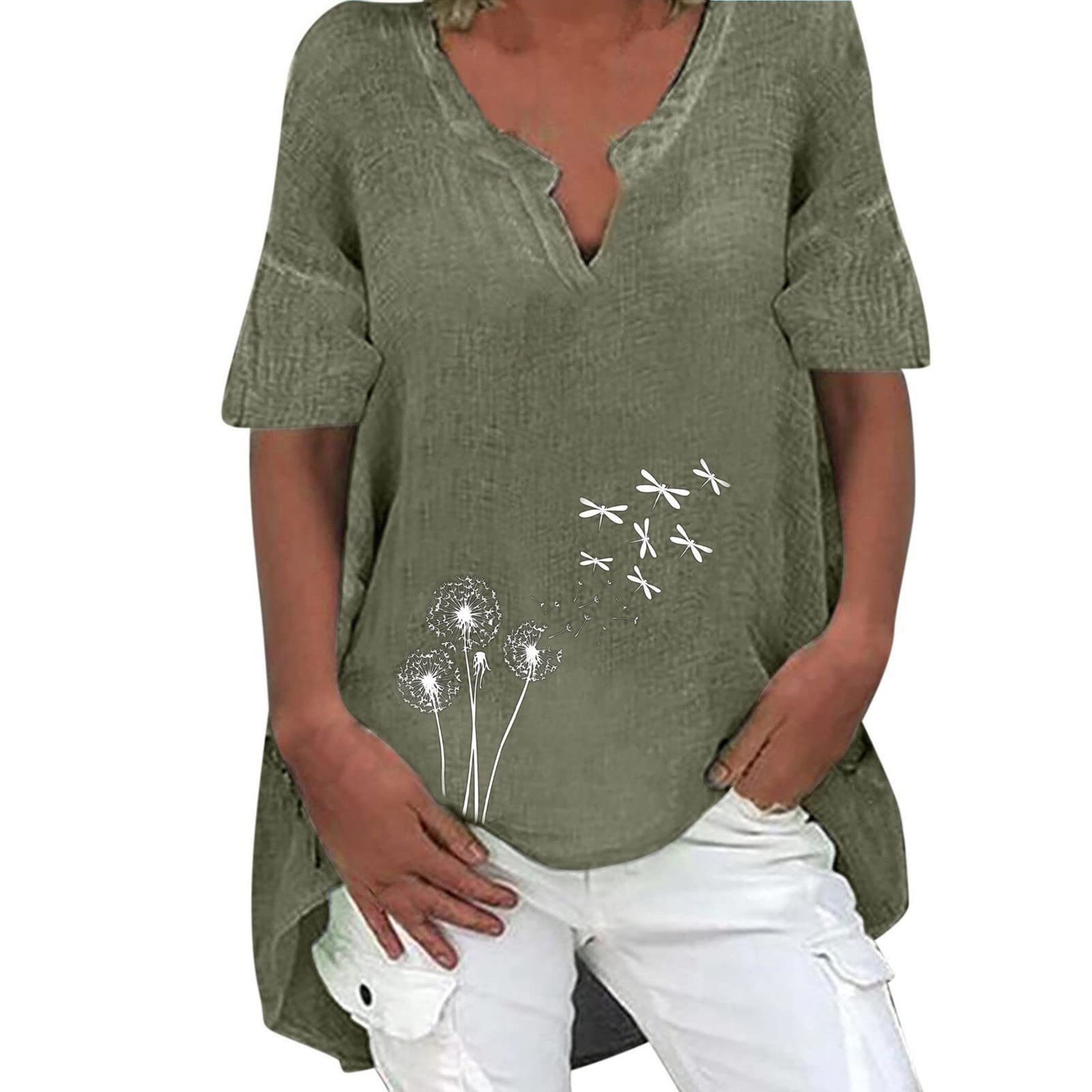 Women's Summer Short Sleeve V-Neck Floral Printed Cotton Linen Blouse - Breathable Casual T-Shirt for Beach, Vacation & Everyday Wear