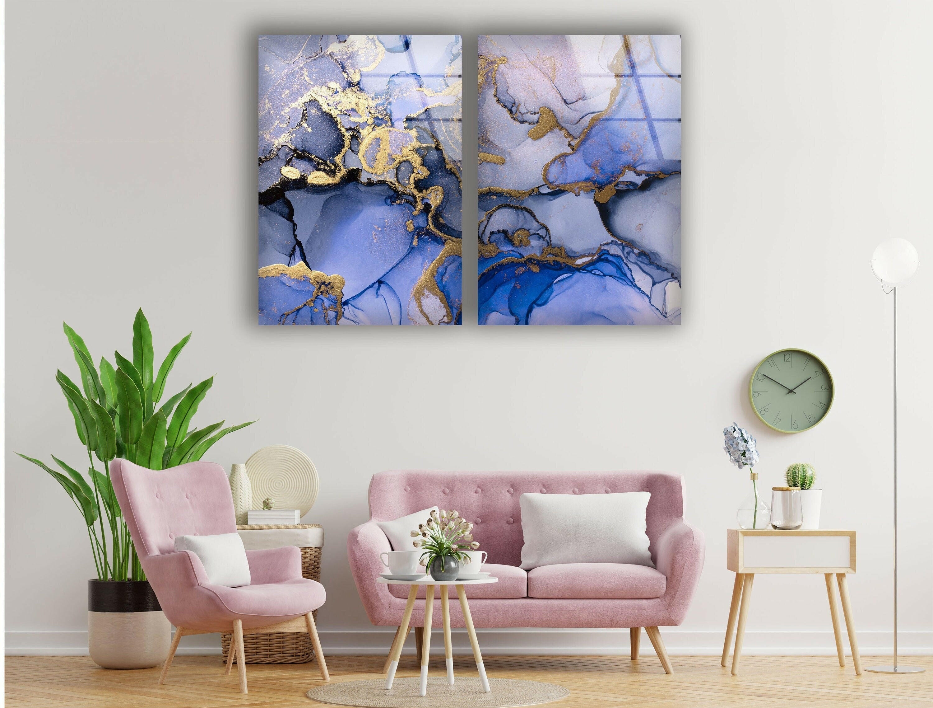 Blue & Gold Abstract Glass Wall Art - Modern Handmade Decor for Living Room, Bedroom & Office - Unique Home & Interior Design Gift Idea
