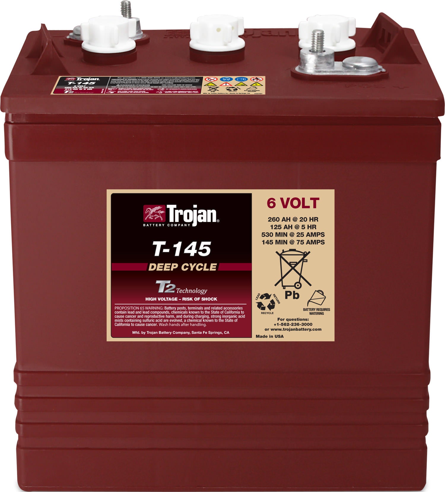 Trojan T 145 Deep Cycle Battery 6 Volt 260Ah - Perfect for Golf Carts, Marine & RV Power, Solar Energy Storage, and Off-Grid Applications